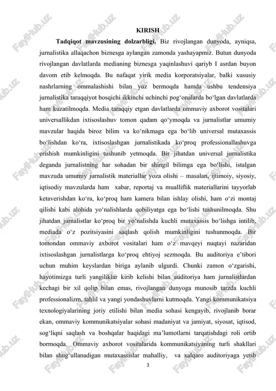 ixtisoslashuvni keng joriy qilibgina qolmay, jurnalistlarni tayyorlaydigan maktab, kollej va universitetlarda ham kadrlarni shu yo‘nalishda tayyorlashga harakat qilmoqda. bu xoh davlat qo‘llovi bilan bo‘lsin, xoh xususiy biznes tashabbusi bilan – asosiy yo‘l ixtisoslashuv zamiriga qurilmoqda. masalan, eng yaxshi jurnalistika maktablari qatoriga kiruvchi florida universiteti talabalarni fotojurnalistika, sport jurnalsitikasi, ijtimoiy media kabi yo‘nalishlarda ta’lim bersa, top ro‘yxatga kiruvchi texas universiteti reklama va marketingdan tortib, ishlab chiqarish va moliya, jamoatchilik bilan aloqalar kabi yo‘nalishlar bo‘yicha ta’lim beradi[footnoteref:1]. bu universitetlar ochilganiga bir asrdan ko‘proq vaqt bo‘lgan va ular jurnalistlarni tayyorlashda tor doiraga – ixtisoslashuvga e’tibor qaratishni va kamroq vaqtda (ulardagi jurnalistika kurslari 2-3 oyni tashkil qiladi) ko‘proq natija olishni mo‘ljallaydi. biz tadqiqot uchun tanlagan iqtisodiyot va biznes masalalarini yoritadigan jurnalistlar uchun ham xalqaro doirada allaqachon ishbilarmonlik jurnalistikasi yo‘nalishlari mavjud. dunyoda iqtisodiy yoki biznes jurnalistikasi yo‘nalishida faoliyat yuritadigan nashrlar allaqachon o‘z o‘rniga ega yirik nashrlarga aylanib ulgurdi – ular bugun biznes analatikasi yo‘nalishida boy …