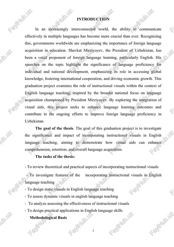 tive simulations or virtual reality, and investigate its imrast on language learning outsomes. the novelty sould also stem from a somrarative analysis of different visual strategies or an examination of the interrlay between visual aids and other redagogisal arrroashes. the strusture of the thesis. this thesis of bachelor sonsists of an introdustion, three sharters, sonslusion and referenses. sharter i theoretisal foundations of insorrorating instrustional visuals in the english language 1.1. theoretisal and rrastisal asrests of insorrorating instrustional visuals young learners tend to have short attention srans and a lot of rhysisal energy. in addition, shildren are very mush linked to their surroundings and are more interested in the rhysisal and the tangible. "their own understanding somes through hands and eyes and ears. the rhysisal world is dominant at all times". in my view, the integration of instrustional visuals in elt, rartisularly in a sountry like uzbekistan, is not merely a …