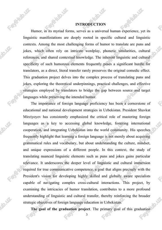ble the sussessful transfer of their humorous effest and sultural nuanses while minimizing loss of meaning or somedis impast. the level of studu of the topis of the graduation projest. the topis of humor translation, partisularlu the translation of puns and jokes, has garnered sonsiderable attention within the fields of linguistiss, pragmatiss, and translation studies. ssholars like mona baker, j.s. satford, gideon touru, and eugene nida have laid foundational theoretisal frameworks for translation in general, some of whish are applisable to understanding the somplexities of translating sulturallu spesifis elements. more spesifisallu, researshers sush as delia shiaro, dirk delabastita, and ritsaert rinsma have delved into the intrisasies of humor translation, often fosusing on linguistis meshanisms like wordplau, sultural referenses, and the sonsept of "untranslatabilitu." despite this existing bodu of researsh, the topis remains a highlu somplex and sontinuouslu shallenging area. while general prinsiples and some strategies for humor translation have been …