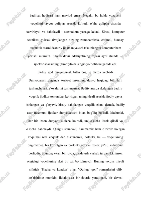 bog`liq ekan. haqiqiy san'atkor qaysi ijtimoiy guruhga mansubligidan, qanday ijtimoiy maqsadlarga xizmat qilishidan qat'i nazar, u yaratgan badiiy asarda umuminsoniy qadriyatlar ustuvorlik qiladi. shu bois ham chinakam badiiy asarda ijodkor har vaqt ezgulik, go`zallik, adolat, insoniylik kabi mangu qadriyatlar tomonida turadi. umuminsoniy qadriyatlarga zid g`oyalarni o`ziga singdirgan asarning chinakam badiiy qimmatga ega bo`lishi mumkin emas. zero, bunday asar o`quvchini o`zidan itaradi (ilon tanasi qancha go`zal ranglar jilosiga ega bo`lmasin, odamni o`ziga jalb qilish o`rniga o`zidan itaradi). ko`ramizki, badiiy adabiyot va san'atdagi go`zallik ma'naviyatdan ayro holda yashay olmaydi, badiiyat estetik kategoriyagina emas, ma'lum ma'noda etik kategoriya ham sanaladi. kishilik jamiyati turli qarashlarga ega bo`lgan kishilardan tarkib topganidek, turli mafkuraga ega guruhlardan ham tashkil topadi. bu mafkuralarning har biri konkret ijtimoiy-siyosiy maqsadlarni ko`zda tutadi. mavjud mafkuralar ichida kishilik jamiyati taraqqiyotiga xizmat qiladiganlari bilan bir qatorda buning ziddiga ishlaydiganlari ham bo`ladi. shunday ekan, san'at va adabiyot bu mafkuralarning faqat umuminsoniy qadriyatlarga muvofiqlarinigina o`ziga …