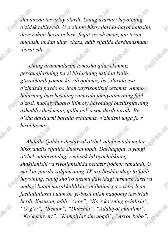 ida idrok ham etolmaydi, butun olamga, odamlarga, ular o‘rtasidagi munosabatlarga otasi ko‘zi bilan qaraydi, hamma narsani otasini qarichi bilan o‘lchab, otasini didi bilan baholaydi. uning noshudligi, notavonligi, shakligina odamga o‘xshashligi, ayniqsa, tug‘ruqxonada yotgan mehrini ko‘rgani borgani tasvirlangan epizodga yorqin ochilgan. bu hikoyada yozuvchi xalq ijodiga xoz usullardan ham rus mumtoz adabiyoti tajribalaridan ham samarali foydalanganligi ko‘rinib turadi. “boshsiz odam” hikoyasini yana bir jihati bor-bu jihat abdulla qahhor uslubini o‘ziga xos tomonlarini birini namoyon qiladi. “boshsiz odam” real hayotiy faktlar asosida, yozuvchi o‘zi hayotda ko‘rgan, kuzatgan hodisalar zamirida yaratgan. abdulla qahhorning amakisini esa hikoyaga o‘zining hayotdagi nomi bilan usta abdurahmon bo‘lib kirgan. adib keyinchalik “o‘tmishdan ertaklar” da amakisini ham g‘afforni ham keng tasvirlagan, ularga munosabati sovuq bo‘lganini hikoya qilgan. tabiiki, adib hikoyaga hayotdagi voqealarni qayta ishlagan holda, saralab kiritgan, shu tufayli ham feodal psixalogiyasining aksil-insoniy mohiyatini durust ochib bergan. o‘tmish haqidagi hikoyalari ichida “o‘g‘ri” alohida ajralib turadi. juda ixchamligi, soddaligi, psixalagiya …