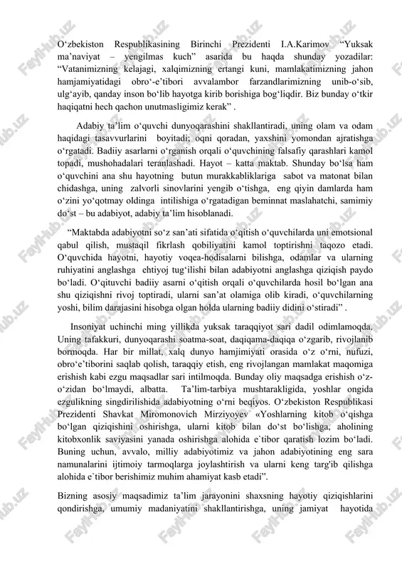 rakkabliklariga sabot va matonat bilan chidashga, uning zalvorli sinovlarini yengib o‘tishga, eng qiyin damlarda ham o‘zini yo‘qotmay oldinga intilishiga o‘rgatadigan beminnat maslahatchi, samimiy do‘st – bu adabiyot, adabiy ta’lim hisoblanadi. “maktabda adabiyotni so‘z san’ati sifatida o‘qitish o‘quvchilarda uni emotsional qabul qilish, mustaqil fikrlash qobiliyatini kamol toptirishni taqozo etadi. o‘quvchida hayotni, hayotiy voqea-hodisalarni bilishga, odamlar va ularning ruhiyatini anglashga ehtiyoj tug‘ilishi bilan adabiyotni anglashga qiziqish paydo bo‘ladi. o‘qituvchi badiiy asarni o‘qitish orqali o‘quvchilarda hosil bo‘lgan ana shu qiziqishni rivoj toptiradi, ularni san’at olamiga olib kiradi, o‘quvchilarning yoshi, bilim darajasini hisobga olgan holda ularning badiiy didini o‘stiradi” . insoniyat uchinchi ming yillikda yuksak taraqqiyot sari dadil odimlamoqda. uning tafakkuri, dunyoqarashi soatma-soat, daqiqama-daqiqa o‘zgarib, rivojlanib bormoqda. har bir millat, xalq dunyo hamjimiyati orasida o‘z o‘rni, nufuzi, obro‘e’tiborini saqlab qolish, taraqqiy etish, eng rivojlangan mamlakat maqomiga erishish kabi ezgu maqsadlar sari intilmoqda. bunday oliy maqsadga erishish o‘z-o‘zidan bo‘lmaydi, albatta. ta’lim-tarbiya mushtarakligida, yoshlar ongida ezgulikning …