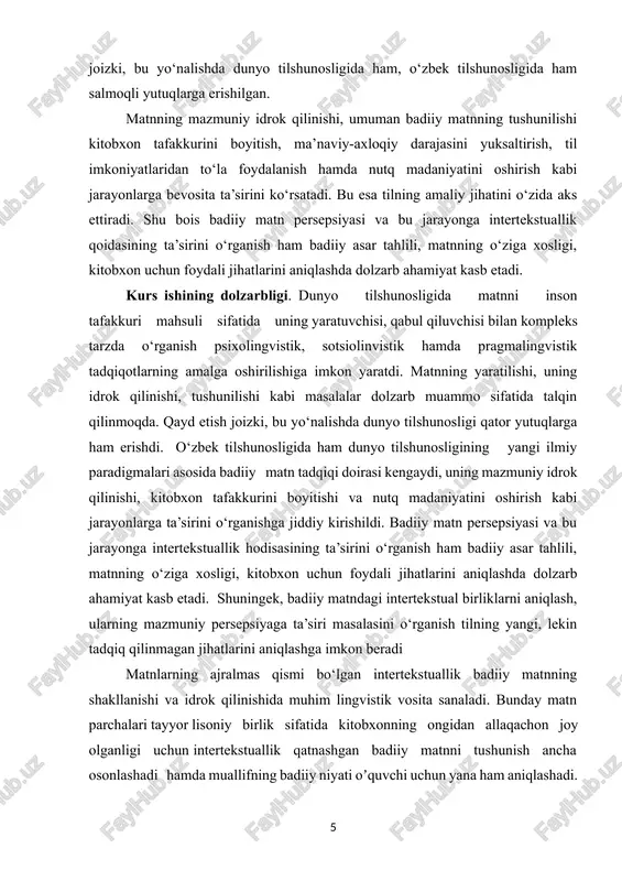 g idrok qilinishi, tushunilishi kabi masalalar dolzarb muammo sifatida talqin qilinmoqda. qayd etish joizki, bu yo‘nalishda dunyo tilshunosligi qator yutuqlarga ham erishdi. o‘zbek tilshunosligida ham dunyo tilshunosligining yangi ilmiy paradigmalari asosida badiiy matn tadqiqi doirasi kengaydi, uning mazmuniy idrok qilinishi, kitobxon tafakkurini boyitishi va nutq madaniyatini oshirish kabi jarayonlarga ta’sirini o‘rganishga jiddiy kirishildi. badiiy matn persepsiyasi va bu jarayonga intertekstuallik hodisasining ta’sirini o‘rganish ham badiiy asar tahlili, matnning o‘ziga xosligi, kitobxon uchun foydali jihatlarini aniqlashda dolzarb ahamiyat kasb etadi. shuningek, badiiy matndagi intertekstual birliklarni aniqlash, ularning mazmuniy persepsiyaga ta’siri masalasini o‘rganish tilning yangi, lekin tadqiq qilinmagan jihatlarini aniqlashga imkon beradi matnlarning ajralmas qismi bo‘lgan intertekstuallik badiiy matnning shakllanishi va idrok qilinishida muhim lingvistik vosita sanaladi. bunday matn parchalari tayyor lisoniy birlik sifatida kitobxonning ongidan allaqachon joy olganligi uchun intertekstuallik qatnashgan badiiy matnni tushunish ancha osonlashadi hamda muallifning badiiy niyati oʼquvchi uchun yana ham aniqlashadi. intertekstuallik matn tahlilida asosiy tamoyillardan biri …