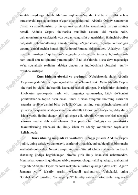 ripov ijodini, uning tarixiy va zamonaviy asarlarini oʻrganish, uni tadbiq qilish birmuncha sustlashib qolganday. negaki, yaqin yigirma-oʻttiz yil ichida matbuotda bu buyuk shaxsning ijodiga bagʻishlangan bironta yirik ilmiy izlanishni uchratmadim. menimcha, yozuvchi qoldirgan adabiy merosni chuqur tahlil qiladigan, mahoratini oʻrganib “abdulla oripov mahorat maktabi”ni tashkil qiladigan davr keldi. agar “ jannatga yo‘l” falsafiy asarini to‘laqonli tushuntirish. vaholanki, uning “o‘zbekiston” qasidasi, “jannatga yo‘l” falsafiy asarlari kitobxonlar eng sevib mutolaa qilib kelayotgan asarlar sirasidandir. agar abdulla oripov ijodi to‘laqonli o‘rganilsa uning ijodidagi hali tesha tegmagan misralar, o‘rganilmagan ma’naviy ma’rifiy g‘oyalarni uchratishimiz mumkin. chunki har bir muvaffaqiyatli badiiy asarning ortida vaqt sinovidan oʻtgan voqealar bandi turadi. kurs ishining tarkibiy tuzilishi. kurs ishining tuzilishiga ko‘ra kirish, ikki asosiy bob, xulosa, foydalanilgan adabiyotlar ro‘yxatidan iborat. i bob. abdulla oripov ijodi va adabiyotshunoslikda tutgan o’rni. 1.1. abdulla oripov lirikasida mavzular rang-barangligi. abdulla oripov hayoti va ijodi xalqimizning so‘nggi 60 yilda bosib o‘tgan yo‘lini aniq-tiniq aks ettiradi. …