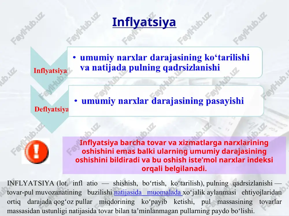 ng keskin oshishi natijasida yuzaga keladi. bunga, masalan, neft va energiya resurslariga jahon narxlarining oshishi, davlatning tartibga solish choralari yoki xomashyo va ish haqi xarajatlarining ko‘payishi sabab bo‘lishi mumkin. xarajatlarning ortishi umumiy taklif (as) egri chizig‘ini chapga — as₀ dan as₁ gacha siljitadi. natijada narxlar darajasi oshadi, ishlab chiqarish hajmi kamayadi, va ishsizlik darajasi ortadi. bu hodisa iqtisodiyotda xarajat inflyatsiyasi (cost-push inflation) deb ataladi. p ad as1 as0 p1 p0 q1 q0 q ish haqi o‘sishi bilan kelib chiqadigan inflyatsiya ish haqi o‘sishi bilan kelib chiqadigan inflyatsiya iqtisodiet uchun eng xavfli inflyatsiya turidir. kasaba uyushmalarning talablariga ko‘ra eki davlat tomonidan minimal ish haqining oshirilishi natijasida ish haqining umumiy darajasi oshadi. bu esa jami talabni oshiradi va ad egri chizig‘ini o‘ngga ad1 gacha suradi. ish haqining oshishi o‘z navbatda ishlab chiqaruvchilar uchun qo‘shimcha xarajat bo‘lib, jami taklifni qisqartiradi va as egri chiziqini chapga as1gacha suradi. natijada ishlab chiqarish hajmi o‘zgarmasada, narxlar …
