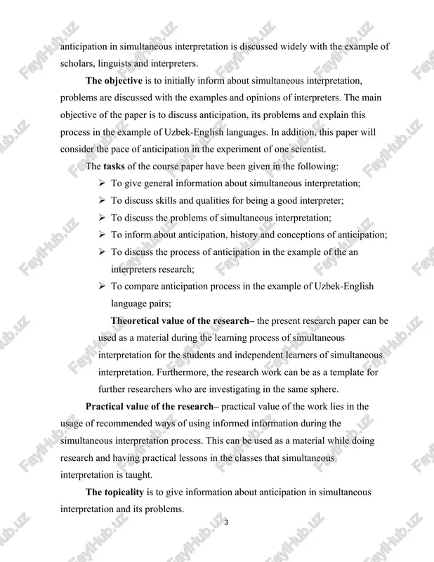 rch– practical value of the work lies in the usage of recommended ways of using informed information during the simultaneous interpretation process. this can be used as a material while doing research and having practical lessons in the classes that simultaneous interpretation is taught. the topicality is to give information about anticipation in simultaneous interpretation and its problems. the structure of this paper consists of introduction, two chapters, conclusion as well as reference lists and summary of the chapters of the research. chapter 1. overall information about simultaneous interpretation and being a simultateous interpreter 1.1. simultaneous interpretation in general. in this chapter, the overall information about simultaneous interpretation will be presented. clearly, this chapter answers all the questions like: what is simultaneous interpretation and what kind of problems does it have, who is the simultaneous interpreter, what kind of qualities and skills should they have. simultaneous translation - is a …