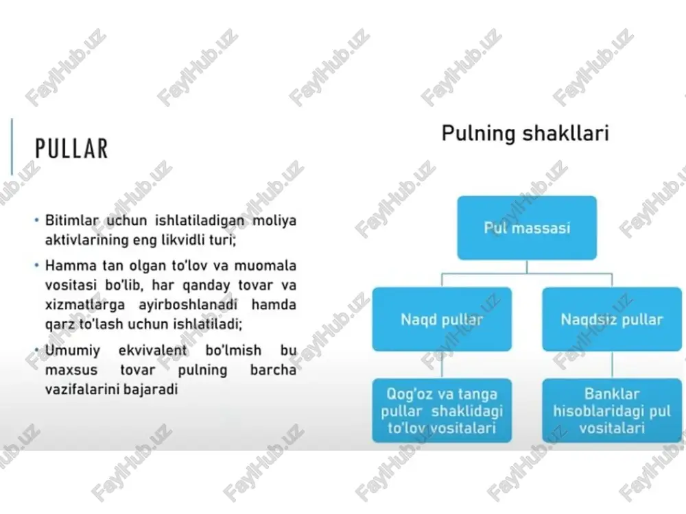 akatdagi pul va pirovard natijada iqtisodiy barqarorlik uchun alohida javobgar ekanligi bilan chambarchas bogʻliq. oʻzbekiston respublikasi markaziy bankining bosh maqsadi va asosiy vazifalari quyidagilar: “markaziy bankning bosh maqsadi milliy valyutaning barqarorligini ta’minlashdan iborat. islomiy bank tizimi – foizsiz moliyaviy xizmat ko’rsatishga asoslangan bank tizimi asosiy tomoyillar – riba (foiz) – qat’iyan taqiqlangan; g’ararlik (noaniqlik) – xatarli va spekulyativ operatsiyalar man etilgan. halollik – man etilgan sohalar (alkogol, qimor, tamaki va h.k) invistitsiya qilinmaydi. foyda va zararni taqsimlash – sheriklik asosida ishlash islomiy banklarining asosiy moliyaviy vositalari moliyaviy vosita tavsifi murabaha oldindan kelishilgan foyda bilan sotib olish va qayta sotish musharaka foyda va zararni taqsimlashga asoslangan sheriklik mudoraba bir tomon kapital, ikkinchi tomon mehnat bilan qatnashadigan hamkorlik ijara ijara shartnomalari orqali aktivlardan foydalanish islomiy bank va an’anaviy bank farqlari xususiyat islomiy bank an’anaviy bank foiz stavkasi yo’q bor risk taqsimoti hamkorlik asosida kredit oluvchi zimmasida investitsiya sohasi halol sohalar istalgan soha …