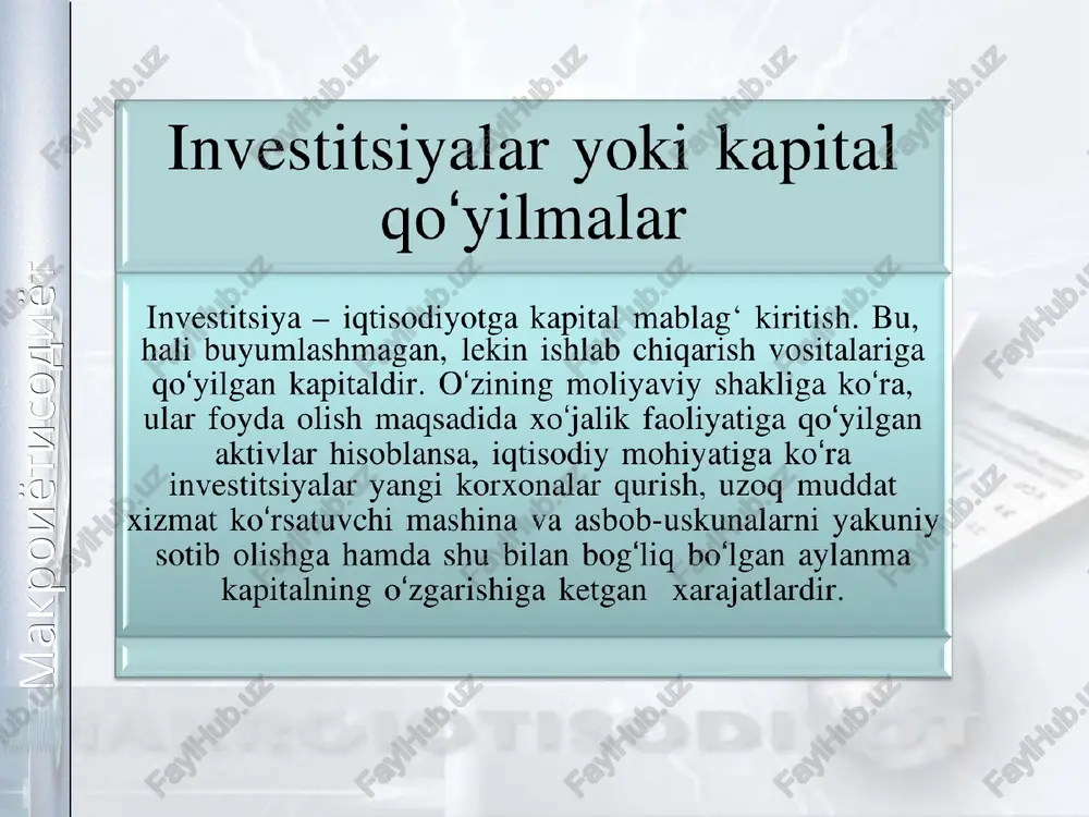 sasap ba yhhhy japakacnhn oeithjiobin omhjiiaap ¢-— acocuh ba alijiahma kallimtayihu kkalita thkiall ba kynavtupuiira, nad qukapulll kybbatuiaphhu kehraitupuira kmimhtah capdiaphuhr yl waksmyaru 1140) 2050400002010210) * ilya maonariapu kyphhuwm arn whbeecthuma peas hhbecthima * yl maojarmapura cotho omi mymkhh oysirah mhbeecthimoh pecypcsap wnsectuunsaiaphunr mandasiapn: u vinpectopiaphunr y¥3 moumabh pecypciapu (oligya, amoptu3al{ha axpatmacu maoularylaph, ysl 2%kamfapmajiaph ba x.k.); u kap3 osmhrah maoslarsiap (oahk kpequtuapn, oomurayna, 3aémsap); u 2kano kvwimhrah maoslariap (akwmaaphu cothiuaah omhtah maoularylap, halt tyobaph); u broypket maosiarsapu; u whbccthumaiaphuht talk mahoaslapu (yet 3/1 hhbecthumaiaph ba kpeymtu1apu); u axojim 2kamfapmaliap. o investitsiya omillari: of ‘moewdoh evod ami] amm (cmm, mii) 7kamu in 7kamu in amm (cmm, mii) 7kamu in cymmacu annu doiiga cymmacn >») cog mhi maxcy.j10t (japomay) xakkmharn y3raphwihhhar am cap®iaphunr asoxuya typsapw, wy *kymjialah hhbecthimaiaapy_arn y3raphuiapra huc6athu - myjibthilimkatop camapacn jleiniaan. ) >» vnsectunnanaphunr 5 mypy. cymmra kynaiummm cod mmi maxcyslothhhr 20 muipy. cym mukkyopra ycnurmra oo kesica …
