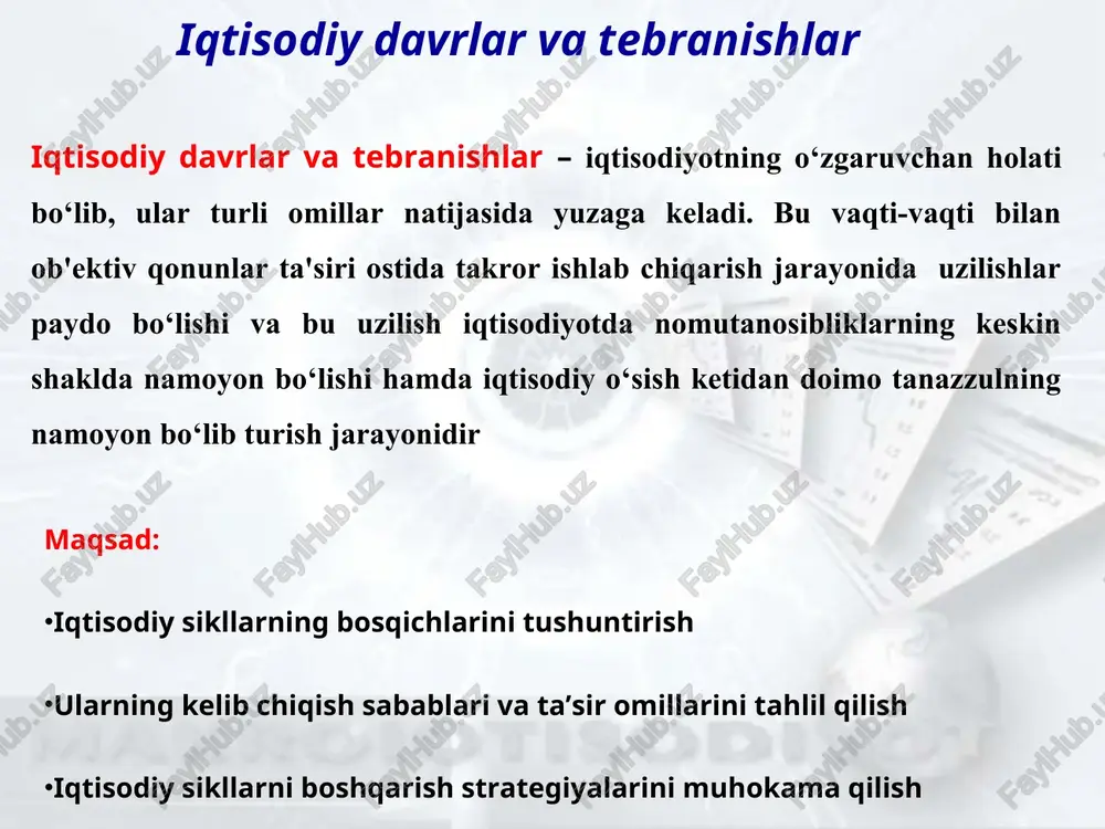 bilan bog‘liq. masalan, iqlimning o‘zgarishi, urushlar, davlat aralashuvi, yoqilg‘i resurslarga jaxon narxlarning o‘zgarishi, aholining dinamikasi, fantexnika kashfietlari. ichki akselerator va multiplikator samarasi hamda investitsiyalar va iste’mol o‘zgarishi bilan bog‘liq iqtisodiy o’sish ikki usul bilan aniqlanadi va o'lchanadi. ikkinchi usul real yalmni birinchi usul real yal[mni _ o'tgan davrga nisbatan aholi o'tgan davrga nisbatan jon boshiga o‘zgarishi o‘zgarishi sifatida aniqlanadi sifatida aniqlanadi va va mamlakatning mamlakat ijtimoiy umumiqtisodiy imkoniyatlari rivojlanish darajasini va harakatini ifodalash uchun harakatining sifat ishlatiladi. o'zgarishlarni ifodalash uchun foydalaniladi. asosiy bosqichlar o‘sish (boom) — iqtisodiy faollikning ortishi, ishlab chigarish hajmining kengayishi. cho’ qqi - (peak) — iqtisodiyotning eng yugori darajaga chigishi, lekin muvozanatsizliklar yuzaga kelishi. pasayish (recession) — iqtisodiy faollikning pasayishi, ishsizlikning ortishi. tiklanish (recovery) — iqtisodiyotning sekin-asta o‘z holiga qaytishi. turg’unlik (stagnation) — iqtisodiyotning sekin-asta o‘z holiga qaytishi. 100 90 _. 7 80 : 70 a \ / 50 ‘ 40 / 30 7 20 7 10 …