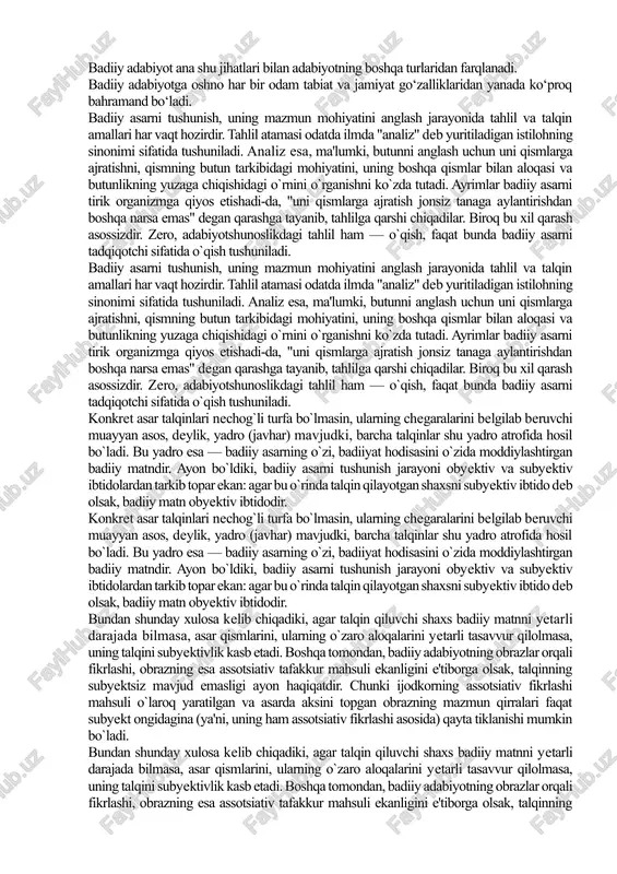 abiat va jamiyat go‘zalliklaridan yanada ko‘proq bahramand bo‘ladi. badiiy asarni tushunish, uning mazmun mohiyatini anglash jarayonida tahlil va talqin amallari har vaqt hozirdir. tahlil atamasi odatda ilmda "analiz" deb yuritiladigan istilohning sinonimi sifatida tushuniladi. analiz esa, ma'lumki, butunni anglash uchun uni qismlarga ajratishni, qismning butun tarkibidagi mohiyatini, uning boshqa qismlar bilan aloqasi va butunlikning yuzaga chiqishidagi o`rnini o`rganishni ko`zda tutadi. ayrimlar badiiy asarni tirik organizmga qiyos etishadi-da, "uni qismlarga ajratish jonsiz tanaga aylantirishdan boshqa narsa emas" degan qarashga tayanib, tahlilga qarshi chiqadilar. biroq bu xil qarash asossizdir. zero, adabiyotshunoslikdagi tahlil ham — o`qish, faqat bunda badiiy asarni tadqiqotchi sifatida o`qish tushuniladi. badiiy asarni tushunish, uning mazmun mohiyatini anglash jarayonida tahlil va talqin amallari har vaqt hozirdir. tahlil atamasi odatda ilmda "analiz" deb yuritiladigan istilohning sinonimi sifatida tushuniladi. analiz esa, ma'lumki, butunni anglash uchun uni qismlarga ajratishni, qismning butun tarkibidagi mohiyatini, uning boshqa qismlar bilan aloqasi va butunlikning yuzaga chiqishidagi o`rnini …