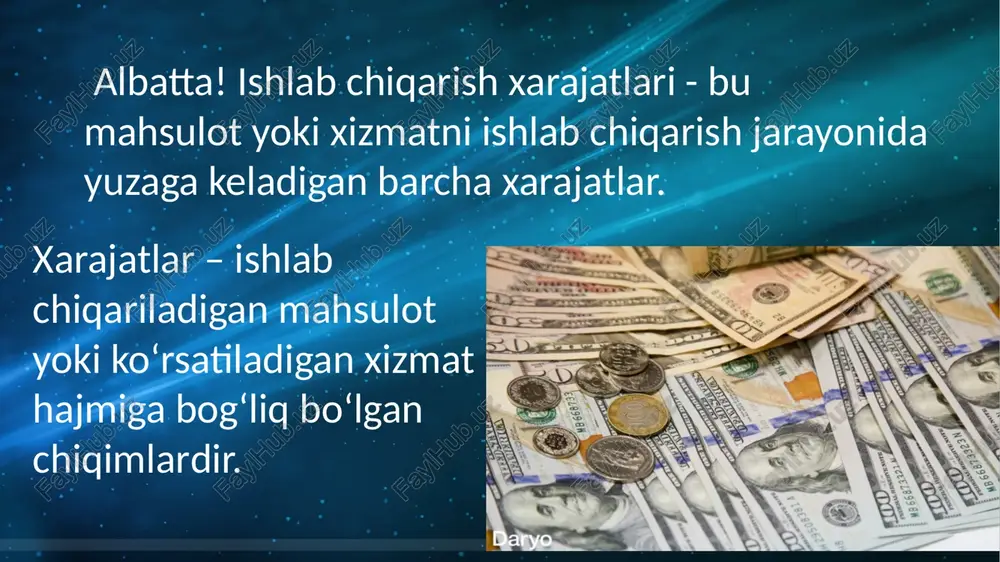 mpaniyaning moliyaviy holatini yaxshilaydi, balki uning bozor pozitsiyasini mustahkamlaydi va uzoq muddatda muvaffaqiyatli bo'lishiga xizmat qiladi. umuman olganda, ishlab chiqarish xarajatlarini qisqartirish orqali korxonalar o‘z daromadlarini oshirishi va bozorga raqobatbardosh mahsulotlarni taklif qilishi mumkin. bu usullar nafaqat xarajatlarni kamaytirish, balki mahsulot sifatini oshirishga ham xizmat qiladi. asosiysi uzoq yillar davomida ishlab chiqaruvching muaffaqiyatli boʻlishiga olib keladi. foydalanilgan adabiyotlar 1.iqtisodiyot nazariyasi. egamberdiyev f.t. 2.shodmonov sh.sh. iqtisodiyot nazariyasi. maruzalar matni.-t.: 2021. 3.m.mamatov, t.jo'rayev, a.xurramov. iqtisodiyot nazariyasi. 4.ozbekiston respublikasi prezidenti shavkat mirziyoyevning oliy majlisga murojaatnomasi. thank you for your attention image1.png image2.jpeg image3.jpeg image4.jpeg image5.jpeg image6.jpeg image7.jpeg image8.jpeg image9.jpeg lights vector background designed by e freepik.com