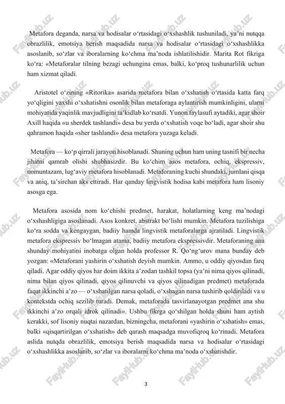 a ajratiladi. lingvistik metafora ekspressiv boʻlmagan atama, badiiy metafora ekspressivdir. metaforaning ana shunday mohiyatini inobatga olgan holda professor r. qoʻngʻurov mana bunday deb yozgan: «metaforani yashirin oʻxshatish deyish mumkin. ammo, u oddiy qiyosdan farq qiladi. agar oddiy qiyos har doim ikkita aʼzodan tashkil topsa (yaʼni nima qiyos qilinadi, nima bilan qiyos qilinadi, qiyos qilinuvchi va qiyos qilinadigan predmet) metaforada faqat ikkinchi aʼzo — oʻxshatilgan narsa qoladi, oʻxshagan narsa tushirib qoldiriladi va u kontekstda ochiq sezilib turadi. demak, metaforada tasvirlanayotgan predmet ana shu ikkinchi aʼzo orqali idrok qilinadi». ushbu fikrga qoʻshilgan holda shuni ham aytish kerakki, sof lisoniy nuqtai nazardan, bizningcha, metaforani «yashirin oʻxshatish» emas, balki «qisqartirilgan oʻxshatish» deb qarash maqsadga muvofiqroq koʻrinadi. metafora aslida nutqda obrazlilik, emotsiya berish maqsadida narsa va hodisalar oʻrtasidagi oʻxshashlikka asoslanib, soʻzlar va iboralarni koʻchma maʼnoda oʻxshatishdir. 1.2. metaforaning tasnifi va o’rganilishi tilshunoslikda metafora haqida yetarlicha izlanishlar olib borilgan bo'lsa ham, unga bo'lgan qiziqish tobora ortib …