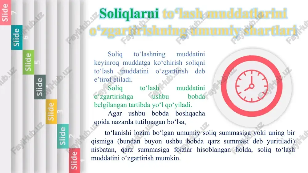 rda bo‘lib-bo‘lib to‘lanadi. ushbu bobning qoidalari soliq agentlariga va ushbu kodeksning 482-moddasida nazarda tutilgan hollarga nisbatan tatbiq etilmaydi. slide 1 slide 1 slide 2 slide 3 slide 4 slide 5 slide 6 slide 7 soliqni to‘lash muddatini o‘zgartirishni istisno etadigan holatlar agar manfaatdor shaxsga nisbatan quyidagi shartlardan hech bo‘lmaganda bittasi bajarilayotgan bo‘lsa, soliqni to‘lash muddati o‘zgartirilishi mumkin emas: agar ushbu moddaning ikkinchi qismida boshqacha qoida nazarda tutilmagan bo‘lsa, soliq to‘g‘risidagi qonunchilikning buzilishi bilan bog‘liq jinoyat alomatlari bo‘yicha jinoiy ish qo‘zg‘atilgan bo‘lsa; 2) ushbu shaxs bunday o‘zgartirishdan soliq solinishi lozim bo‘lgan o‘z pul mablag‘larini yoki boshqa mol-mulkini yashirish uchun foydalanishini yoki ushbu shaxs doimiy yashash uchun o‘zbekiston respublikasidan tashqariga chiqib ketishini taxmin qilish uchun yetarlicha asoslar mavjud bo‘lsa; slide 1 slide 2 slide 3 slide 4 slide 5 slide 6 slide 7 3) ushbu shaxs soliqni to‘lash muddatini o‘zgartirish to‘g‘risida ariza bergan kundan oldingi uch yil mobaynida ushbu kodeksning 99-moddasida ko‘rsatilgan …