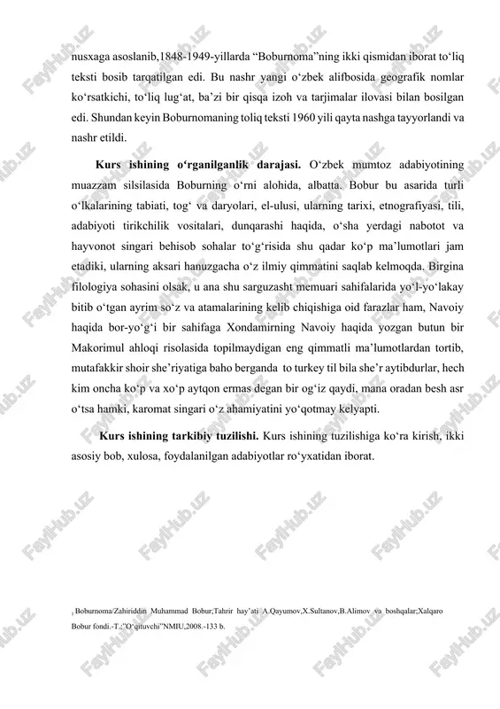 elyapti. kurs ishining tarkibiy tuzilishi. kurs ishining tuzilishiga ko‘ra kirish, ikki asosiy bob, xulosa, foydalanilgan adabiyotlar ro‘yxatidan iborat. i bob. “boburnoma” va uning o‘zbek adabiyotida ahamiyati 1.1. zahiriddin muhammad boburning “boburnoma” asari va uning o‘rganilishi shoh va shoir, qomusiy asar muallifi zahiriddin muhammad bobur hayoti va ijodini o‘rganish dunyo adabiyotshunosligida uzoq tarixga ega. bobur asarlarining g‘arb tillariga tarjimalari va nashrlari ham o‘zbek olimlari tomonidan atroflicha o‘rganilgan. tarjimonning badiiy mahorati tahlil qilingan. mazkur tadqiqotlar sirasida “boburnoma”ning ingliz olimlari tomonidan o‘rganilishi alohida talqiqot obyektini tashkil etadi. jumladan, joy leyden va uilyam erskin, anet beverij xonim, viler tekstoun tarjimalari boburshunoslikka qo‘shilgan muhim hissa sifatida e’tirof etiladi. ilmiy adabiyotlarda kam e’tibor qaratilgan yana ayrim olimlar borki, ularning ham boburshunoslikdagi alohida mehnatini baholash va ommalashtirish zarur vazifalardan biridir. shu o‘rinda angliyada bobur shaxsiyati va ijodiga doir ma’lumotlar berilgan ikki turkumdagi kitoblarni qayd etish maqsadga muvofiq: bobur asarlari tilshunoslik obyekti sifatida olingan asarlar. bobur qo‘lyozmalari tavsiflari …