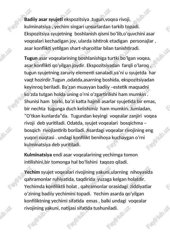 larda esa u kolliziya , kechinma ,fikr oqimi tarzida namoyon bo’ladi. badiiy asar voqelikni badiiy aks ettirgani va uning markazida inson obrazi turgani uchun ham insonning real hayotida mavjud konfliktlarning bari unda badiiy aksini topadi. shu nuqtayi nazardan badiiy konfliktning uchta turi farqlanadi: 1.xarakterlararo konflikt. 2.qahramon va muhit konflikti. 3.ichki psixologik konflikt. aytish kerakki , konfliktning mazkur turlari badii yasarda aralash holda namoyon bo’ladi va o’zaro uzviy aloqada bo’ladi;biri ikkinchisiga o’tadi , biri ikkinchisini keltirib chiqaradi,biri ikkinchisi orqali ifodalanadi va b. ya’ni qahramonning muhit bilan konflikti uning boshqa personajlar bilan to’qnashuvlari, ruhiyatidagi ziddiyatli jarayonlar tasviri orqali ochib beriladi. masalan, cho’lponning “kecha “ romanidagi miryoqub – o’z muhiti bilan ziddiyatga kirishgan qahramon. miryoqubning muhit bilan ziddiyati esa uning akbarali bilan o’zaro ziddiyatli munosabatlari fonida yetishadi, ayni shu munosabatlar qahramon ruhiyatidagi murakkab jarayonga- ongidagi o’y-fikrlar kurashiga turtki beradi. konfliktning barcha turlari ham qahramonni muayyan bir harakatga undaydi, ayni shu narsa konfliktni syujetni …