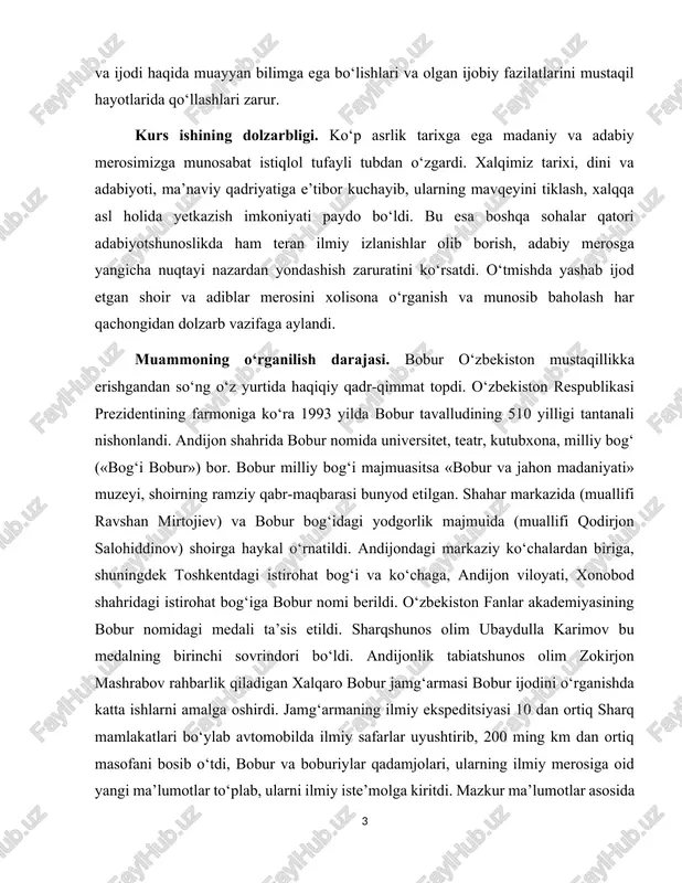 istirohat bog‘i va ko‘chaga, andijon viloyati, xonobod shahridagi istirohat bog‘iga bobur nomi berildi. o‘zbekiston fanlar akademiyasining bobur nomidagi medali ta’sis etildi. sharqshunos olim ubaydulla karimov bu medalning birinchi sovrindori bo‘ldi. andijonlik tabiatshunos olim zokirjon mashrabov rahbarlik qiladigan xalqaro bobur jamg‘armasi bobur ijodini o‘rganishda katta ishlarni amalga oshirdi. jamg‘armaning ilmiy ekspeditsiyasi 10 dan ortiq sharq mamlakatlari bo‘ylab avtomobilda ilmiy safarlar uyushtirib, 200 ming km dan ortiq masofani bosib o‘tdi, bobur va boburiylar qadamjolari, ularning ilmiy merosiga oid yangi ma’lumotlar to‘plab, ularni ilmiy iste’molga kiritdi. mazkur ma’lumotlar asosida 10 dan ziyod ilmiy, hujjatli, badiiy asarlar (z. mashrabov, s. shokarimov: “asrlarni bo‘ylagan bobur”; s. jalilov: “boburning farg‘ona davlati”, “bobur va andijon”; qamchibek kenja: “hind sorig‘a”; x. sultonov: “boburning tushlari”, “boburiynoma”; r. shamsuddinov: “boburiylar izidan”, “boburiylar sulolasi”; t. nizom: “uch so‘z”), 10 ga yaqin hujjatli, videofilmlar (f. rasulov: “bobur izidan”, “muqaddas qadamjolar”; t. ro‘ziev: “bobur salomi”, “bobur nomidagi xalqaro ilmiy ekspeditsiya”; t. hamidov: “iftixor” …