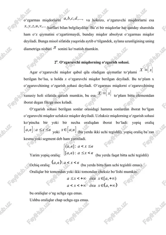 shi sohasidagi har bir qiymatiga biror qonun yoki qoida (usul) bo‘yicha ning o‘zgarish sohasidagi aniq bir qiymati mos keltirilsa, u holda u o‘zgaruvchi ning sohasidagi funksiyasi deyiladi. bu yerda sohaga funksiya aniqlanish (mavjudlik yoki borliq) sohasi, u sohaga esa funksiyaning o‘zgarish sohasi deyiladi va deb belgilashlar ham ishlatiladi. erksiz u o‘zgaruvchi argumentning funksiyasi degan so‘z o‘rniga qisqacha quyidagiga yoziladi: (“igrek barobar ef iks” deb o‘qiladi). “funksiya” tushunchasi uzoq va yetarli murakkab taraqqiyot yo‘lini bosib o‘tdi. “funksiya” terminini birinchi marta 1692 yilda g.b.leybnits ishlarida paydo bo‘ldi. bu terminni shvetsariyalik olim i.bernulli 1698 y. g.leybnitsga yozgan xatida hozirgi tushunishga yaqin ma’noda ishlatgan. funksiyaning hozirgi kundagisi bilan deyarli mos keluvchi tavsifi xix asr boshlaridagi matematika darsliklaridayoq uchraydi. shuningdek, funksiya uchun ushbu simvolik yozuvlar ham ishlatiladi: yuqoridagi harflar ning ning qiymatiga mos keladigan qiymatlarini topish usulini xarakterlaydi. yozuvi funksiyaning xususiy qiymatiga mos keladigan funksiyaning xususiy qiymatini bildiradi. masalan, agar bo‘lsa, u holda va hokazo …