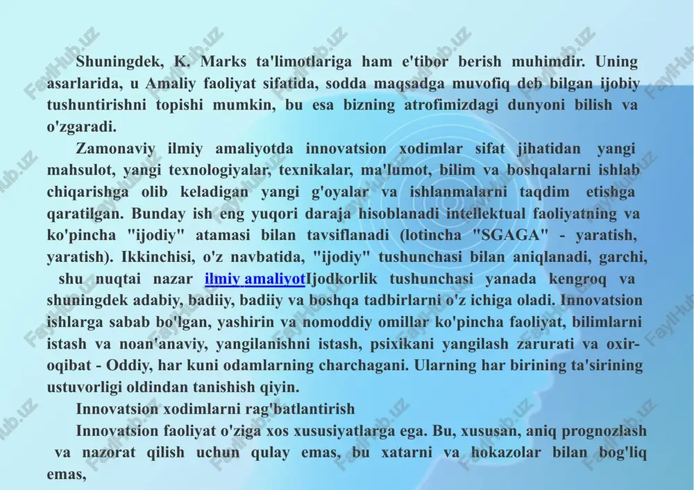 fikrlash jarayoniga yangi bilimlar, ixtirolar ilova qilinadi va bu sezgi muhim ahamiyatga ega bo'lishi kerak. intuitiv xususiyatlar ko'pchilikka xos emas, faqat ayniqsa qobiliyatli shaxslardir. e. veholanshovechenko mehnat hayotining axloqi, sezgi, ongli ravishda, idrok, o'z-o'zini tahlil qilish va hokazolar bilan bog'liq bo'lgan innovatsion faoliyatni ko'rib chiqayotganda mehnat intellektualligi sohasida yangi funktsional tuzilmalarning bosh miyasini shakllantirishga yordam beradi. turli yondashuvlarni ko'rib chiqishda va ilmiy maktablar siz innovatsion mehnatning tabiati va kelib chiqishini tushunishda ma'lum bir nomuvofiqlikni payqashingiz mumkin. shunday qilib, an'anaviy ravishda iqtisodiy amaliyot nuqtai nazaridan aqliy va o'ziga xos qobiliyat darajasi qanchalik yuqori bo'lsa, insonning ijodiy qaytishi shunchalik yuqori bo'ladi. albatta, intellektual kapitalning rivojlanishi, to'plangan bilimlar, tajriba innovatsion jarayonlarning tegishli rivojlanishini ta'minlashga rozi emas. biroq, shu bilan birga boshqa nuqtai nazar bor. alohida olimlar va amaliyotlar, bo'ysunish va tajriba innovatsion rivojlanishi bo'lishi mumkin degan bahsda. ya'ni, ko'pincha o'z ishini bajaradigan mutaxassislar ularga ishonib topshirilgan vazifalar innovatsion faoliyatning oldini olishlari mumkin. shu …
