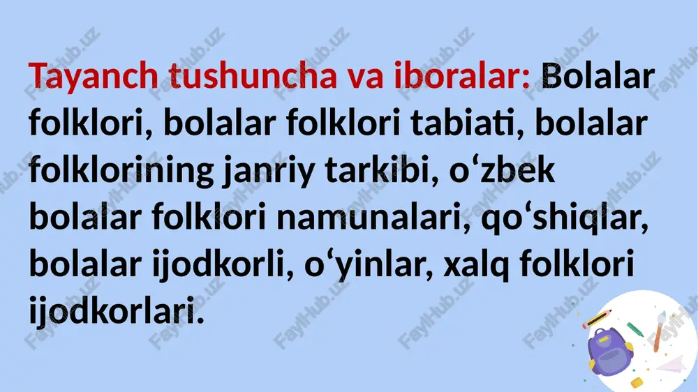 digan o‘yinlar. -narsa yoki o‘yinchoqlar harakatni boshqaradigan o‘yinlar; shu xususiyatiga ko‘ra harakatli o‘yinlarning uch ichki tipini ajratish mumkin: -taqlid negizida qurilgan harakatli o‘yinlar; ma’naviy yoki so‘z o‘yinlari. bolalar so‘z bilan o‘ynab, ma’naviy kamolot pillapoyalaridan ildamlaydi. bola o‘z kamolotining ilk bosqichida so‘z ma’nosini anglashdan yiroq turadi. biroq so‘zning sehrli olamiga u bilan o‘ynab turib kira boradi. onalar allalarining nazokatli ohangi bilan tanglayi ko‘tarilgan bolakay endi tovushlarning mo‘jizakor ohanglaridan huzurlana boshlaydi. thank you image1.png image2.png image3.png
