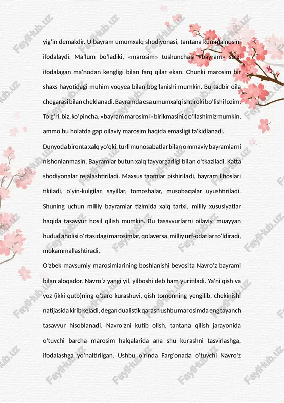 i bilan aloqador. navro‘z yangi yil, yilboshi deb ham yuritiladi. ya'ni qish va yoz (ikki qutb)ning o‘zaro kurashuvi, qish tomonning yengilib, chekinishi natijasida kirib keladi, degan dualistik qarash ushbu marosimda eng tayanch tasavvur hisoblanadi. navro‘zni kutib olish, tantana qilish jarayonida o‘tuvchi barcha marosim halqalarida ana shu kurashni tasvirlashga, ifodalashga yo‘naltirilgan. ushbu o‘rinda farg‘onada o‘tuvchi navro‘z bayrami haqidagi xitoy manbasidan keltirgan ko‘chirma muhim ahamiyatga ega: “har yangi kelayotgan yilning boshida podsho va darg‘alar bosh xalq ikki guruhga bo‘lingan. har bir guruh bittadan vakil saylab, unga jang kiyimlarini kiydirib o‘zaro jang qildirishgan, qolganlar esa raqib tamonga toshu kesaklar otib o‘z jangchilariga yordam berib turishgan. jang tamonlarning biri halok bo‘lgunicha davom qilgan. so‘ngra jang natijalariga qarab yangi yilning qanday kelishini taxmin etilgan”. – bahorda o‘tuvchi mavsumiy marosimlar tizimida yil qurg‘oqchilik kelgan mavsumlarda o‘tuvchi yomg‘ir chaqirish bilan bog‘lik sust xotin, sut xotin, so‘z xotin, sel xotin, suv xotin, chala xotin, ko‘sam-ko‘sam, chayla qazon deb …