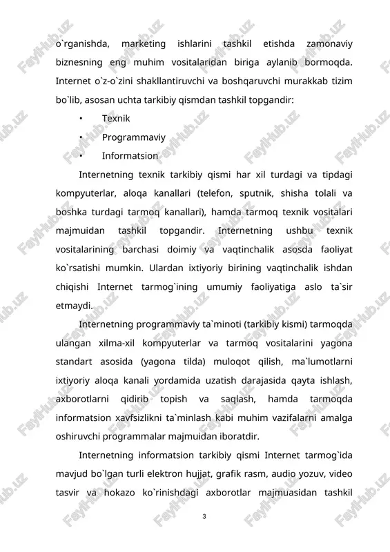 unday bog`lanish "tarmoq"(net) deb ataladi. informatsion nuqtai nazardan internetda e`lon qilingan har bir elektron hujjat, tarmoqdagi bir nechta hujjatlar bilan o`zaro bog`lanishda bo`lishi mumkin. bu holdagi informatsion bog`liqlik "to`r" (web) nomini olgan. shunday qilib, "tarmoq" (net) - haqida so`z yuritilganda o`zaro bog`langan kompyuterlar majmuasi tushunilsa, "to`r" (web) - haqida so`z yuritilganda esa yagona informatsion muhitni tashkil etuvchi elektron hujjatlar majmuasi tushuniladi. amaliyotda internetning real, fizik bog`lanishlar orqali tashkil topgan tarmog`idagi kompyuterlar bilan virtual informatsion fazoni tashkil etuvchi elektron hujjatlari har xil adreslar yordamida ifodalaniladi. internet tarkibiga kirgan har bir kompyuter to`rt qismdan tashkil topgan o`z adresiga ega, masalan: 142.26.137.07. ushbu manzil ip (internet protocol) - manzil deb ataladi. internetga doimiy ulangan kompyuterlar o`zgarmas ip-adresga ega bo`ladi. agar kompyuter foydalanuvchisi internetga faqat vaqtinchalik ishlash uchun ulanadigan bo`lsa, u holda ushbu kompyuter vaqtinchalik ip-adresga ega bo`ladi. bunday ip-manzil dinamik ip-manzil deb ataladi. tarmoqda mavjud bo`lgan ixtiyoriy kompyuter ir-adresini bilgan holda, unga har …