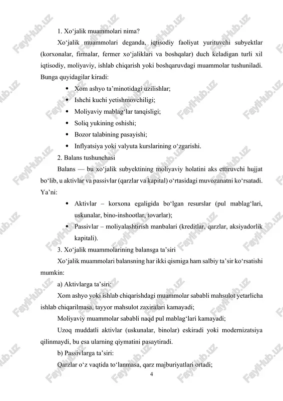 sqartiradi; investitsiyalar kamayadi yoki to‘xtaydi. 4. misol agar korxonada ishlab chiqarishdagi texnik nosozlik sababli mahsulot ishlab chiqarish to‘xtasa: aktivlar: mahsulot zaxiralari kamayadi, asosiy vositalar (uskunalar) vaqtincha ishlamaydi, foyda olinmaydi. passivlar: majburiyatlar o‘z vaqtida to‘lanmay qoladi, qarzlar ko‘payadi, foyda kamaygani sababli kapital qisqaradi. xo‘jalik muammolari korxona balansining barqarorligiga bevosita ta’sir ko‘rsatadi. moliyaviy muvozanatni saqlash uchun korxonalar: · risklarn oldindan baolashi; · zaxira fondlarini shakllantirishi; · xarajatlarni optimallashtirishi; · innovatsion va moslashuvchan boshqaruv usullaridan foydalanishi zarur.’ 1. buxgalteriya balansining tuzilishi va tarkibi. ham tenglik, ham hujjat sifatida e’tirof etiladigan buxgalteriya balansi ikki tomonli, ya’ni chap va o‘ng tomonli , jadval ko‘rinishiga ega bo‘ladi. jadvalning chap tomoni «aktiv», o‘ng tomoni esa – «passiv» nomi bilan ataladi. jadvalning «aktiv» tomonida korxonaning xo‘jalik aktivlari turlari bo‘yicha , jadvalning «passiv» tomonida esa xo‘jalik aktivlari tashkil topish manbalari bo‘yicha aks ettiriladi. «aktiv» va «passiv» tomonlarda ko‘rsatilgan aktivlar va ularning tashkil topish manbalari summalarining yig‘indisi bir biriga teng …