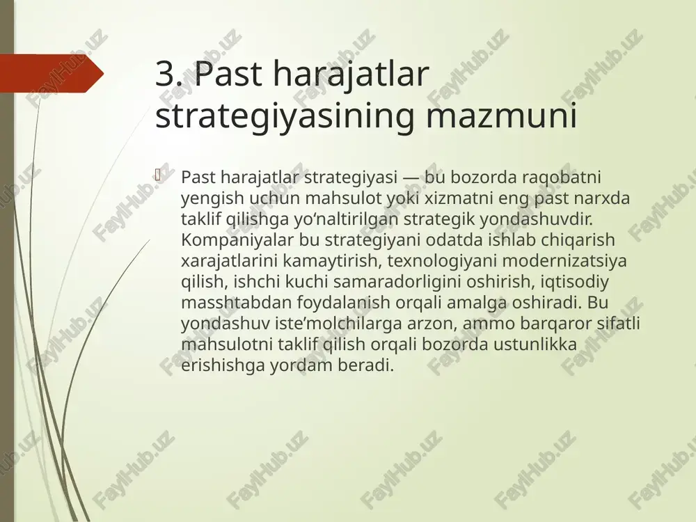 giya nafaqat ishlab chiqarishda, balki bozorni egallashda ham muhim rol o‘ynaydi. 11. strategiyani qo‘llashdagi xavflar strategiyani noto‘g‘ri tatbiq etish bir qator salbiy oqibatlarga olib kelishi mumkin. misol uchun, xarajatlarni haddan tashqari qisqartirish sifatga salbiy ta’sir qiladi. bu esa mijozlar ishonchini yo‘qotadi. shuningdek, raqobatchilarning tezkor narx siyosatiga javob bera olmaslik xavfi mavjud. shuning uchun kompaniya balansni saqlashi, sifat va narx o‘rtasida muvozanatni topishi kerak. 12. innovatsiyalar va past harajatlar ba’zi hollarda past harajatlar strategiyasi innovatsiyalarni to‘xtatib qo‘yishi mumkin. biroq zamonaviy yondashuvlar, ayniqsa avtomatlashtirish, sun’iy intellekt, iot texnologiyalari xarajatlarni qisqartirish bilan birga mahsulot sifatini saqlab qolishga yordam beradi. shu bois, texnologik yangiliklarni joriy qilish past harajatlar strategiyasining zamonaviy shakli hisoblanadi. 13. uzoq muddatli istiqbol past harajatlar strategiyasi qisqa muddatda foyda keltiradi, ammo uzoq muddatli istiqbolda kompaniyaning moslashuvchanligi, texnologik rivoji va mijoz ehtiyojlariga moslasha olish qobiliyati muhim ahamiyatga ega. strategiyani barqaror saqlash uchun doimiy monitoring, bozorni o‘rganish va innovatsion yondashuvlar zarur. 14. o‘zbekiston …