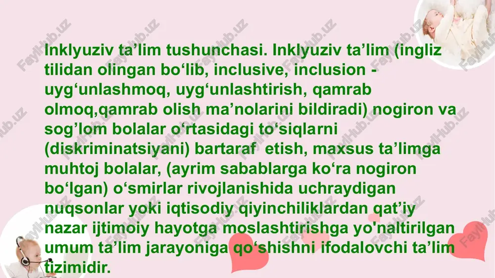 eng huquqliligini kafolatlash; jamiyatning va oilaning faol ishtirokida nogiron va sog'lom bolalarning ehtiyojlarini qondirish, ijtimoiy hayotga erta moslashtirish; imkoniyati cheklangan bolalar va o‘smirlarni oilalardan ajramagan holda yashash huquqini ro‘yobga chiqarish; 12 inklyuziv ta’iimda resurs pedagog va uning vazifalari. maxsus ehtiyojli bolalarni umumta’lim sharoitida o'qitish maktablararo qatnab yuruvchi o‘qituvchi, ya’ni, resurs o‘qituvchi faoliyatini talab etadi. inklyuziv ta’lim amaliyotida maktablararo qatnab yuruvchi o‘qituvchi va oddiy sinf o‘qituvchisining hamjihatlikdagi harakatlari orqali amalga oshirilishi mumkin. ba’zi sinflarda bolani ma’lum bir vaqtga sinfdan ajratib olish kerak bo‘lishi mumkin. 13 maktablararo qatnab yuruvchi resurs pedagog nogiron bolalarni ular uchun zarur bo‘lgan qo‘llanmalar, jihozlar bilan ta’minlaydi,homiylar topadi, imkoniyati cheklangan bolalar, sog‘lom bolalar hamda sinf o‘qituvchisi o‘rtasidagi mustahkam aloqani o‘rmatadi,ota-onalar, bolalar, oddiy sinf o‘qituvchilari va maktab ma’muriyatiga maslahatlar beradi. 14 e'tiboringiz uchun rahmat. 15 image1.png image2.jpeg image3.png image6.jpeg image7.png image5.jpeg image8.jpeg image9.jpeg image10.png image11.png image12.png image13.png image14.png image15.png image16.jpeg image17.jpeg image18.jpeg image19.png image20.jpeg 1 comm 4” yor ey …