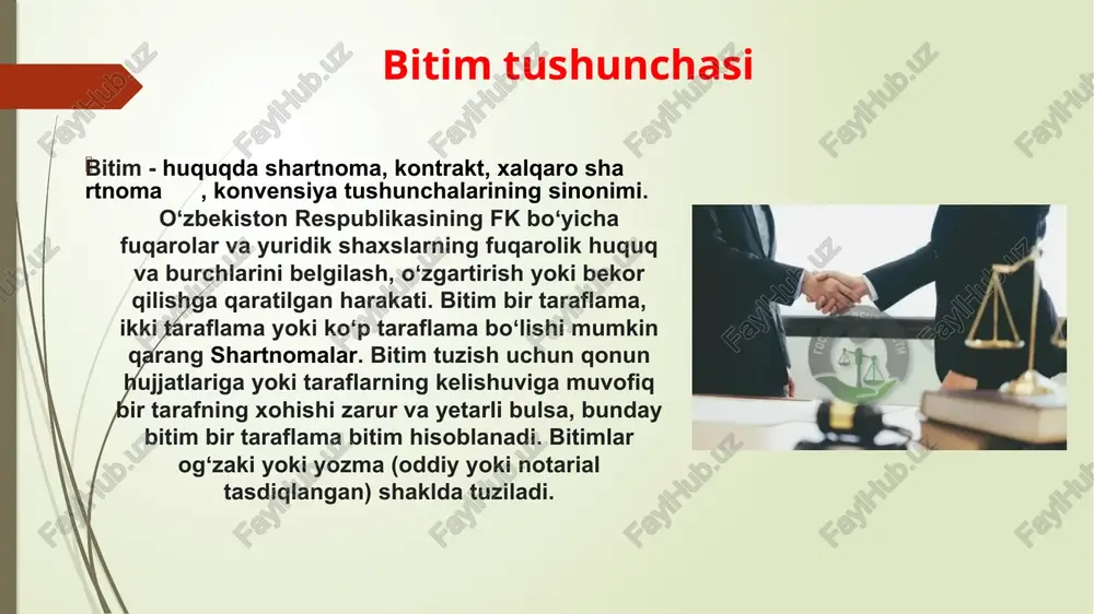 ro‘yxatidan o‘tkazish yer uchastkalari va boshqa ko‘chmas mol-mulk bilan bog‘liq bitimlar (boshqa shaxsga berish, ipoteka, uzoq muddatli ijara, merosni qabul qilib olish va boshqalar) davlat ro‘yxatidan o‘tkazilishi kerak. ko‘chmas mol-mulk xususida tuzilgan bitimlarni ro‘yxatdan o‘tkazish va tegishli reyestrlarni yuritish tartibi qonunchilik bilan belgilanadi. qonunchilikda muayyan turdagi ko‘char mol-mulk xususida tuziladigan bitimlarni davlat ro‘yxatidan o‘tkazish belgilab qo‘yilishi mumkin. bitimlarning haqiqiy emasligi bitim ushbu kodeksda va boshqa qonunlarda belgilab qo‘yilgan asoslarga ko‘ra, sud haqiqiy emas deb topganligi sababli (nizoli bitim) yoki bunday deb topilishidan qat’i nazar, haqiqiy emas deb hisoblanadi (o‘z-o‘zidan haqiqiy bo‘lmagan bitim). bitim tuzish vakolatlarini cheklash oqibatlari agar shaxsning bitim tuzish vakolatlari shartnoma bilan yoki yuridik shaxs vakolatlari uning ta’sis hujjatlari bilan ishonchnomada, qonunda belgilab qo‘yilganiga nisbatan yoinki bitim tuzilayotgan vaziyatdan aniq ko‘rinib turgan deb hisoblanishi mumkin bo‘lgan vakolatlariga nisbatan cheklab qo‘yilgan bo‘lsa va bitimni tuzish paytida bunday shaxs yoki organ ana shu cheklashlar doirasidan chiqib ketgan bo‘lsalar, bitimdagi ikkinchi …