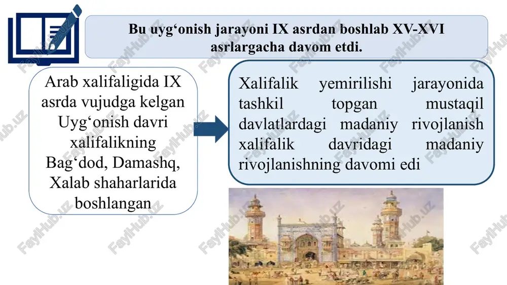 y asarlar ham arab tilida yozilar edi. x asrdan boshlab movarounnaxr va xurosonda mustaqil feodal davlatlar– toxiriylar, somoniylar, qoraxoniylar, g‘aznaviylar, saljuqiylar, xorazmshoxlar davlatlarining paydo bo‘lishida xalifalikning yemirilishi ham madaniy xayotning yanada ravnaq topishiga olib keldi x asr o‘rtalariga kelib, fors-tojik tilida ham ish yuritila boshlandi. ammo hujjatlar, ishlar fors-tojik tilida bo‘lsa ham, arab imlosida yozilar edi. buxoro amiri saroyida esa yirik kutubxona mavjud bo‘lgan amir kutubxonasini o‘sha davrdagi sheroz kutubxonasi bilan bellasha oladigan yagona kutubxona sifatida tan olganlar. o‘sha davrda buxoroda katta kitob bozori bo‘lgan. kitob do‘konlarida olim va fozil kishilar uchrashib, ilmiy muloqot, munozaralar o‘tkazganlar bu shaharlardagi maktablarga hatto tevarak-atrofdagi qishloqlardan oddiy xalq bolalari ham kelib o‘qiganligi manbalarda keltiriladi. somoniylar davrida rudakiy, firdavsiy, al-xorazmiy, alfarg‘oniy, abu rayhon beruniy va abu ali ibn sino kabi mutafakkirlar ijod etganlar. x asrning ikkinchi yarmidan tashkil topgan qoraxoniylar davlatida ham ba’zi xonlar o‘z saroylarida kutubxonalar tashkil etdilar bu davrda turkiy til shakllanib bordi …