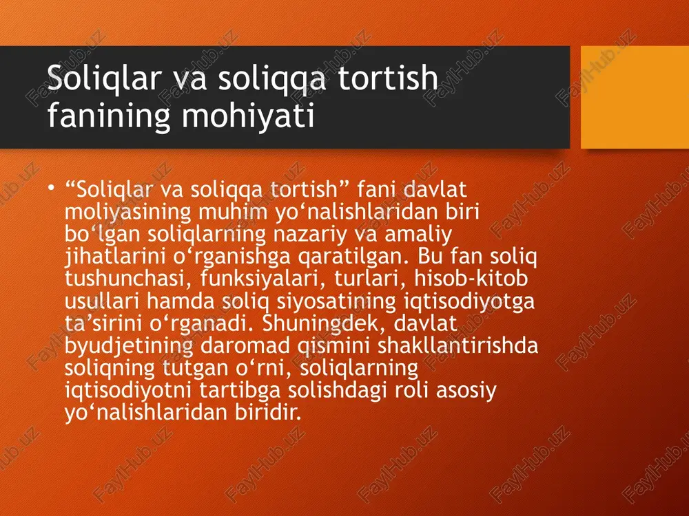 tirishda soliq fanining o‘rni katta. byudjet daromadlarining asosiy qismini tashkil qiluvchi soliqlar orqali davlat o‘z ijtimoiy va iqtisodiy vazifalarini bajaradi. fan byudjetga tushumlarning manbalari va ularning strukturasini tahlil qiladi. byudjet daromadlarini tahlil qilishda fanning roli fan orqali byudjetga tushumlarni tahlil qilish, turli soliq turlari bo‘yicha tushumlar nisbatini baholash, soliq yuki darajasini hisoblash kabi ko‘nikmalar shakllanadi. bu esa iqtisodiy tahlil va rejalashtirishda muhim ahamiyatga ega. fan orqali soliq madaniyatini shakllantirish fan aholining soliq madaniyatini shakllantirishda beqiyos rol o‘ynaydi. soliq to‘lash fuqarolik burchi sifatida talqin etiladi, bu orqali jamoaviy mas’uliyat va qonunlarga hurmat uyg‘otiladi. ayniqsa, yosh avlodda moliyaviy savodxonlikni oshirishda fanning o‘rni katta. soliqqa bo‘lgan yondashuvni ijtimoiy mas’uliyat sifatida ko‘rish bugungi kunda soliq to‘lash faqat majburiyat emas, balki ijtimoiy mas’uliyat sifatida qaralmoqda. davlat xizmatlaridan foydalanish, ijtimoiy sohalarning rivoji bevosita soliq to‘lovlar orqali amalga oshiriladi. shu bois, ushbu fan jamiyatda ijtimoiy ong va barqarorlikni shakllantiradi. xulosa xulosa qilib aytganda, “soliqlar va soliqqa tortish” …