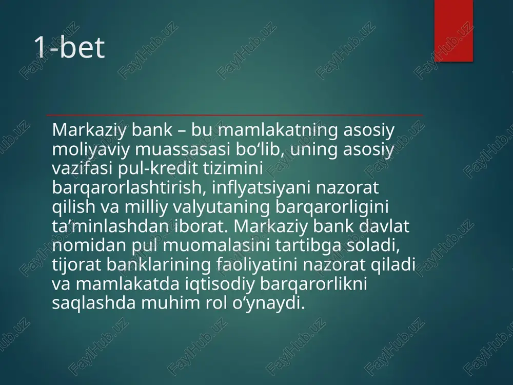 y o‘sishni ta’minlash va valyuta kursini barqarorlashtirishda katta yutuqlarga erishgan. o‘zbekiston ham ushbu yo‘nalishda faol harakat qilmoqda va xalqaro tajribani o‘rganib, o‘z siyosatini takomillashtirmoqda. 12-bet kelajakda o‘zbekiston respublikasi markaziy banki tomonidan olib boriladigan pul-kredit siyosatining muvaffaqiyati iqtisodiy o‘sish sur’atlarini barqarorlashtirish, ish o‘rinlarini ko‘paytirish va ijtimoiy farovonlikni oshirishga xizmat qilishi kutilmoqda. 13-bet xulosa qilib aytganda, markaziy bank mamlakat iqtisodiyotining yuragi hisoblanadi. uning vazifalari keng ko‘lamli bo‘lib, pul muomalasini nazorat qilishdan tortib, butun moliyaviy tizim barqarorligini saqlashgacha bo‘lgan jarayonlarni o‘z ichiga oladi. pul-kredit siyosati esa iqtisodiy muvozanatni ta’minlashda muhim vosita sanaladi. 14-bet foydalanilgan adabiyotlar: 1. o‘zbekiston respublikasi markaziy banki rasmiy veb-sahifasi: www.cbu.uz 2. “markaziy bank to‘g‘risida”gi qonun 3. iqtisodiyot nazariyasi darsliklari 4. oliy o‘quv yurtlarining o‘quv qo‘llanmalari 5. jahon banki va xalqaro valyuta jamg‘armasi hisobotlari /docprops/thumbnail.jpeg