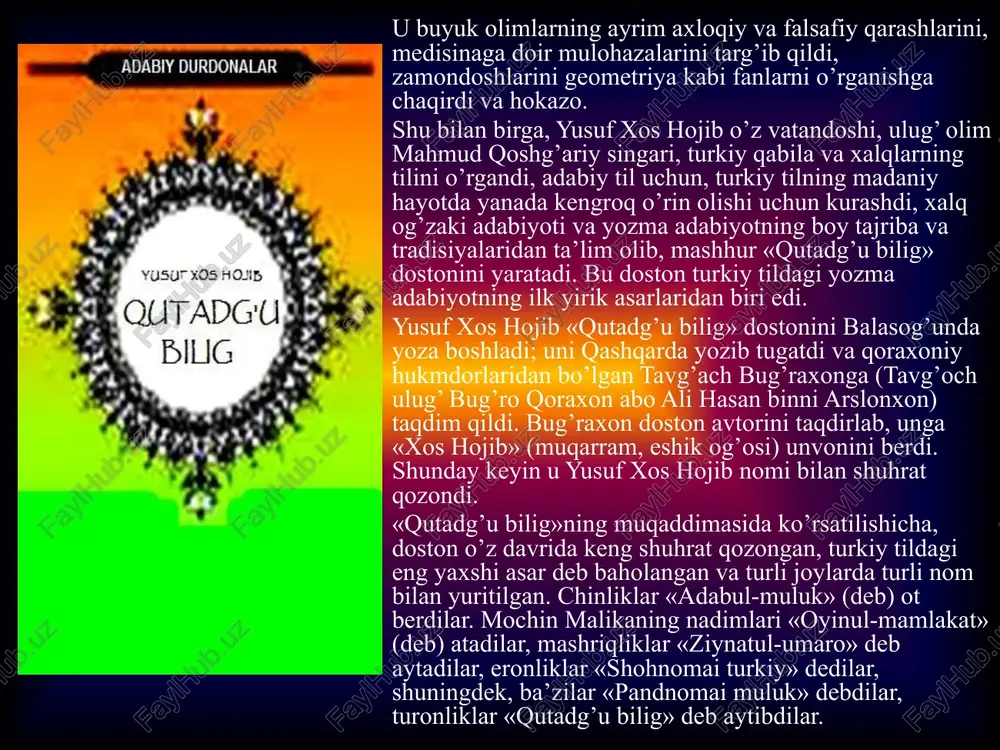 to’rt asosiy masala qo’yilgan va bu masalalar majoziy obrazlar qiyofasida mujassamlashtirilgan «qutadg’u bilig» jami namangan nusxasida 6500 baytga 13000 misraga yaqin bo’lib, u 73 fasl-bobga bo’lingan. o’n bir bobi dostonning muqaddimasi bo’lib, muqaddima xudoga, payg’ambarga va to’rt xalifaga bag’ishlangan tardision boblardan tashqari, yoz tavsifi va bug’raxon madhi, 7 sayyora va 12 burj, til odobi va bilimning foydasi kabi masalalarga bag’ishlangan boblarni o’z ichiga oladi. dostonning asosiy qismi 12-bobdan, kuntug’di degan hukmdorning ta’rifi bilan boshlanadi. dostonda quyidagi voqea hikoya qilinadi: kuntug’di degan odil podsho bo’lib, uning shon-shavkati va shuhrati yaqin va uzoq o’lkalarga yoyilgan ekan. oytuldi degan oqil bir kishi uning xizmatiga kirish istagi bilan poytaxtga kelibdi. u musofirlikning azob-uqubatlarini chekibdi hamda yor-do’st, tanish-bilish orttiribdi. oyto’ldi ko’samish (istanilgan) degan do’stiga musofir bo’lib kuntug’di poytaxtiga kelishining sabablarini so’zlab beribdi. ko’samish unga madad berib, kuntug’dining xos hojibi bilan tanishtiribdi. oyto’ldi kuntug’dining saroyiga borib, uning suhbatida bo’libdi. oyto’ldini yoqtirgan kuntug’di uni saroyga xizmatga olibdi. …