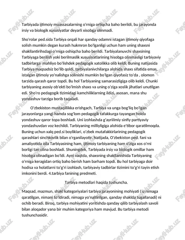 da tarbiya faqat sinfiy xususiyatga ega bo'ladi va turli sinflarning tarbiyasi bir-biriga qaramaqarshi turadi degan qarash qaror topgan. holbuki, dunyo ilmi, ayniqsa, sharq tarbiyashunosligi va o'zbek xalq ped.si tajriba tarbiyaning sinfiy ko'rinishiga ega emasligini isbot etdi. shuningdek, kommunistik mafkura tazyiki tufayli tarbiyada ijtimoiy muassasalarning o'rniga ortiqcha baho berildi, bu jarayonda irsiy va biologik xususiyatlar deyarli xisobga olinmadi. sho'rolar ped.sida tarbiya orqali har qanday odamni istagan ijtimoiy qiyofaga solish mumkin degan kurash hukmron bo'lganligi uchun ham uning shaxsni shakllantirihsdagi o'rniga oshiqcha baho berildi. tarbiyalanuvchi shaxsining tarbiyaga berilish yoki berilmaslik xususiyatlarining hisobga olinmasligi tarbiyaviy tadbirlarga mahliyo bo'lishdek pedagogik xatolikka olib keldi. buning natijasida tarbiya maqsadsiz bo'lib qoldi, tarbiyalanivchilarga alohida shaxs sifatida emas, istalgan ijtimoiy yo'nalishga solinishi mumkin bo'lgan qiyofasiz to'da , olomon tarzida qarash qaror topdi. bu hol tarbiyaning samarasizligiga olib keldi. chunki tarbiyaning asosiy ob'ekti bo'lmish shaxs va uning o'ziga xoslik jihatlari unutilgan edi. sho'ro pedagogik tizimidagi kamchiliklarning ildizi, asosan, mana …