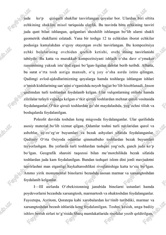 sharoiti taqozosi bilan me’morchilikda bezak sifatida toshlardan juda kam foydalanilgan. bundan tashqari islom dini jonli mavjudotni tasvirlashni man etganligi haykaltaroshlikni rivojlanishiga katta to‘siq bo‘lgan. ammo yirik monumental binolarni bezashda asosan marmar va xarsangtoshdan foydalanib kelganlar. i—iii asrlarda o‘zbekistonning janubida binolarni ustunlari hamda poydevorlarni bezashda xarsangtosh, marmartosh va ohaktoshdan foydalanganlar. fayoztepa, ayritom, qoratepa kabi xarobalardan ko‘rinib turibdiki, marmar va xarsangtoshdan bezash ishlarida keng foydalanilgan. toshni kesish, unga badiiy ishlov berish sirlari to‘g‘risida sharq mamlakatlarida risolalar yozib qoldirilgan, xv asrda o‘rta osiyoda ayniqsa toshtaroshlik rivojlandi va takomillashdi. masalan, amir temur, ahmad yassaviy maqbarasi, bibixonim machiti va boshqalar jozibador qilib bezatildi. xix—xx asr boshlarida buxoro, samarqand, shahrisabz, xiva, qo‘qon, toshkent va boshqa joylarda xarsang va marmardan bezak sifatida ko‘p foydalanilgan.o‘sha vaqtda ustalar uchun oddiy haykal ishlash shunchalik qiyin ediki undan ko‘ra, murakkab naqshlar ishlash yengilroq edi. amir maqbarasidagi, temir qabridagi tosh va marmar panjaralardan tosh o‘ymakorligining ajoyib namunalarini ko‘rish mumkin. ayniqsa, tosh va …
