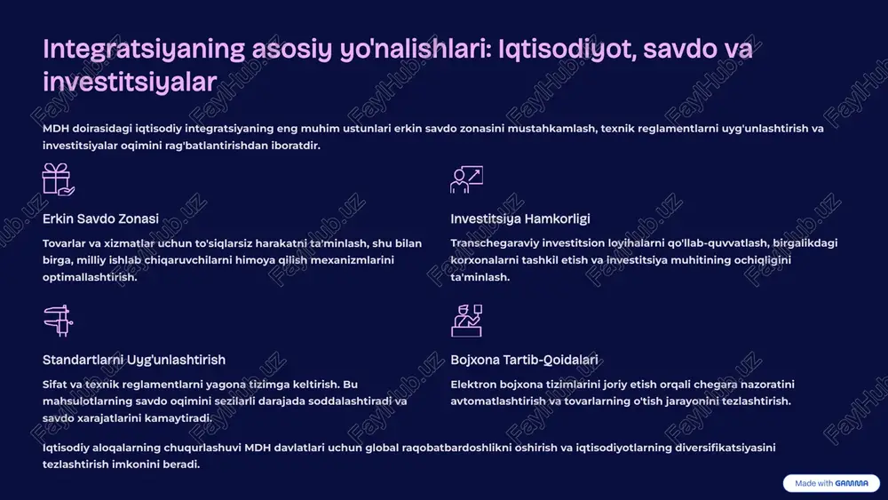 ikdagi ilmiy loyihalar fundamental va amaliy tadqiqotlar bo'yicha qo'shma dasturlarni moliyalashtirish va amalga oshirish. bu, ayniqsa, yuqori texnologiyalar sohasida muhimdir. ta'lim makonini kengaytirish diplomlarni o'zaro tan olish tizimini soddalashtirish, talabalar va professor-o'qituvchilar almashinuvini faollashtirish. bu malakali kadrlar zaxirasini yaratadi. innovatsion infrastruktura mdh davlatlarida texnoparklar, inkubatorlar va venchur fondlar tarmog'ini yaratish hamda ular o'rtasidagi hamkorlikni yo'lga qo'yish. raqamli integratsiya yagona axborot makonini yaratish, raqamli xizmatlar va platformalarni rivojlantirish orqali mamlakatlar o'rtasidagi aloqalarni mustahkamlash. 5 madaniyat va gumanitar aloqalar: xalqlar yaqinlashuvining kaliti integratsiyaning uzoq muddatli barqarorligi faqat iqtisodiy aloqalarga emas, balki xalqlar o'rtasidagi o'zaro tushunish va ishonchga ham bog'liqdir. madaniy-gumanitar sohadagi hamkorlik shu jihatdan hal qiluvchi rol o'ynaydi. san'at va ijodiyot qo'shma san'at festivallari, teatr gastrollari va ko'rgazmalar tashkil etish, xalqaro madaniy merosni asrab-avaylash. til va adabiyot mdh xalqlari tillarini o'rganishni rag'batlantirish, adabiyotlarni tarjima qilish va nashr etish bo'yicha dasturlar. yoshlar siyosati yoshlar forumlari, sport musobaqalari va ko'ngillilar harakatini qo'llab-quvvatlash. kelajak avlodlarni …