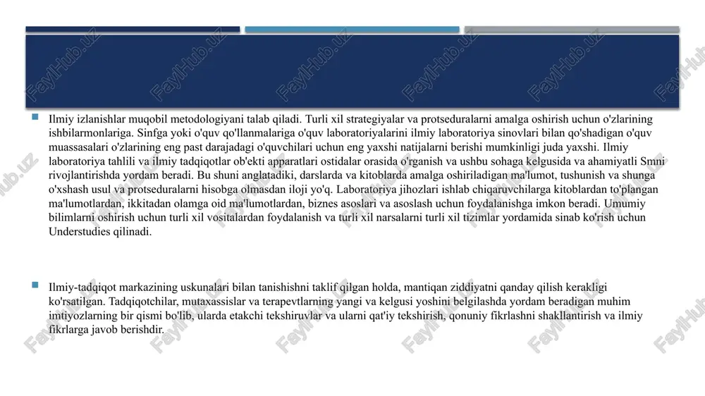 atoriya uskunalari aniq va ishonchli natijalarga erishish uchun zarur. ilmiy va laboratoriya jihozlarining eng keng tarqalgan turlariga mikroskoplar, sentrifugalar, spektrometrlar, xromatograflar va tarozilar kiradi. mikroskoplar kichik jismlarni kattalashtirish va kuzatish uchun, sentrifugalar esa moddalarni yuqori tezlikda aylantirib ajratish uchun ishlatiladi. spektrometrlar yorug'lik intensivligini o'lchash uchun, xromatograflar esa aralashmaning tarkibiy qismlarini ajratish va aniqlash uchun ishlatiladi. balanslar ob'ektning massasini o'lchash uchun ishlatiladi. ushbu asosiy asboblardan tashqari, boshqa ko'plab maxsus ilmiy va laboratoriya jihozlari mavjud. bularga harorat va bosimni nazorat qilish uchun ishlatiladigan inkubatorlar, avtoklavlar va kriostatlar kiradi. boshqa ixtisoslashtirilgan uskunalarga gaz xromatograflari, massa spektrometrlari va elektron mikroskoplar kiradi, ular moddalarni tahlil qilish va aniqlash uchun ishlatiladi. ilmiy va laboratoriya jihozlarini tanlashda laboratoriyaning o'ziga xos ehtiyojlarini hisobga olish muhimdir. har xil turdagi uskunalar turli maqsadlar uchun mo'ljallangan va ish uchun to'g'ri turdagi uskunani tanlash muhimdir. laboratoriya hajmi va byudjetini, shuningdek, jihozlarning xavfsizligi va aniqligini hisobga olish ham muhimdir. turli sohalarda aniq va …