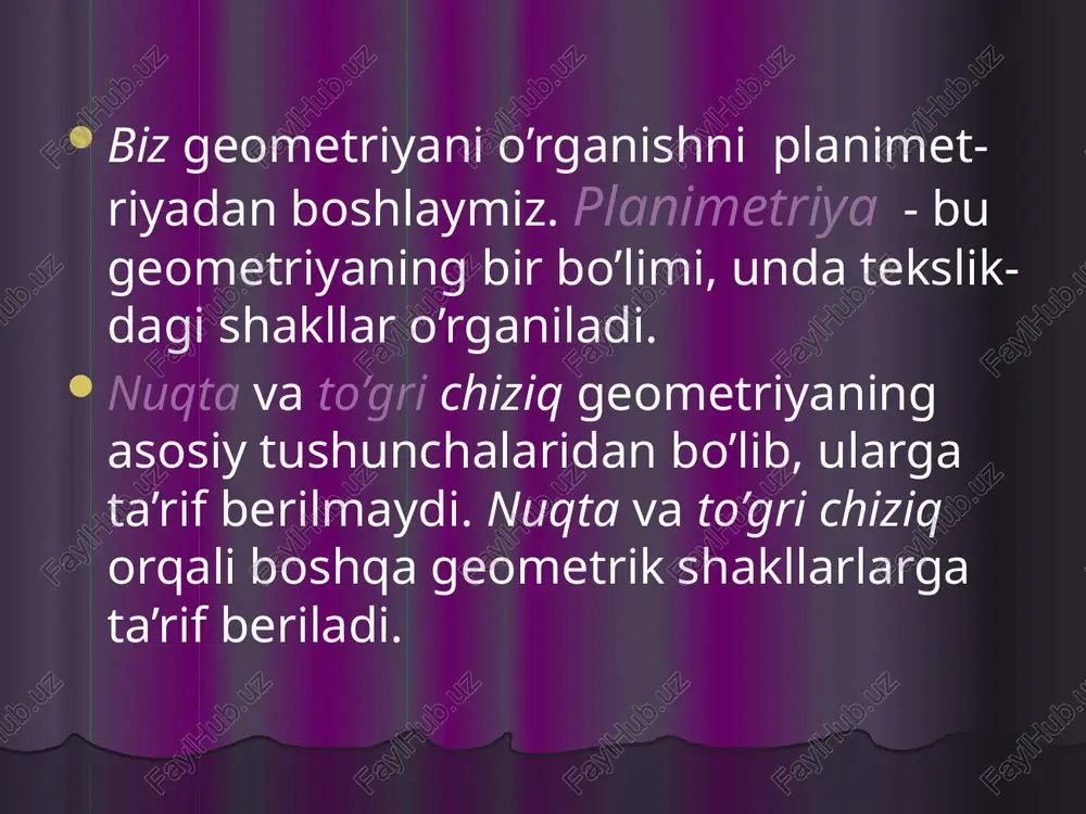 o’rta chiziq pabcd = ab+bc+cd+ad trapetsiya ikkita qarama qarshi tomonlari parallel bo’lgan to’rtburchak. trapetsiya o’rta chizig’i uning yon tomonlari o’rtalarini tutashtiruvchi kesma. trapetsiya o’rta chizig’i uning asoslariga parallel va ular yigindisining yarmiga teng. trapetsiya ikkita qarama qarshi burcharlari yigindisi 1800 ga teng. teng yonli trapetsiyaning asosilaridagi burchaklari teng. a b c d e m n h kupburchak. s = ½ n r2 sin 3600/n s = n r2 tg 1800 / n muntazam ko’pburchak hamma tomonlari teng va hamma burchaklari teng. qavariq n burchak ichki burchak -larining yigindisi 1800 (n-2) ga teng. qavariq n burchakning tashqi burchaklar yigindisi 360 0 ga teng. qavariq n burchakning har bir burchagini topish formulasi: <a = 1800 (n-2) / n ga teng. a b c d e m l f aylana va doira. o- markaz ok- radius ab- vatar cd- diametr <kod- markaziy burchak <abl-ichki chizilgan burchak. acb-yoy a- urunma .o a b d …
