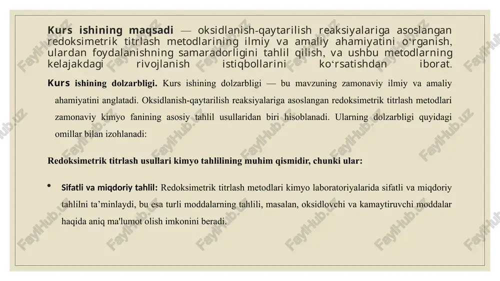 ishda, sanoat va farmatsevtika sohasidagi ahamiyatini o‘rganish. redoksimetrik titrlash redoksimetrik titrlash — bu oksidlanish-qaytarilish reaksiyalariga asoslangan kimyoviy tahlil usulidir. ushbu metodda biror bir moddani (analit) aniqlash uchun uning oksidlanish yoki qaytarilish jarayoniga asoslangan reaksiya amalga oshiriladi. redoksimetrik titrlashda analitga reaktsiyada ishtirok etuvchi oksidlovchi yoki kamaytiruvchi modda (titrant) qo‘shiladi, va reaksiya to‘liq o‘tkazilganidan so‘ng, analitning miqdori aniqlanadi. redoks reaktsiyalari — bu bir moddalar elektron yo‘qotishi (oksidlanish), boshqalari esa elektron qabul qilishi (qaytarilish) jarayonlarini o‘z ichiga oladi. oksidlanish va qaytarilish jarayonlari bir-birini to‘ldiradi, ya'ni oksidlanish jarayoni qaytarilish jarayoni bilan bir vaqtda amalga oshadi. oksidlovchi modda (titrant): bu modda elektron qabul qiluvchi va boshqa moddani oksidlovchi xususiyatga ega. oksidlovchi modda titrlashda qo‘shiladi va reaksiyani boshlaydi. kamaytiruvchi modda (analit): bu modda elektron yo‘qotadi va titrator bilan reaksiyaga kirishadi, natijada uning miqdori aniqlanadi. odatda redoksimetrik titrlashda quyidagi reaksiya sodir bo‘ladi: oxidant+reductant→oxidized product+reduced product masalan, permanganometrik titrlashda kaliy permanganat (kmno₄) — bu kuchli oksidlovchi, u reduktiv …