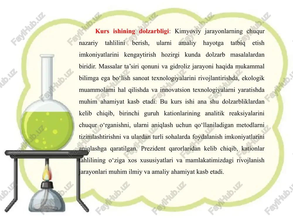 salar ta’siri qonunidan foydalaniladi. faqat sanoatda emas, ekologik tizimlarda ham bu qonunning ta’sirini ko‘rish mumkin. atmosferadagi karbonat angidrid gazining ortishi yer yuzasidagi issiqlikni ushlab qolishni kuchaytiradi, bu esa global isish muammosiga olib keladi. demak, moddalarning miqdori tabiatda ham muvozanatni belgilovchi asosiy omillardandir. kundalik hayotimizda ham biz massalar ta’siri qonunini bilmagan holda qo‘llaymiz. masalan, oshxonada taom tayyorlashda ingredientlar nisbatining to‘g‘ri bo‘lishi taomning mazali chiqishiga sabab bo‘ladi. agar suv yoki tuz ortiqcha yoki kam qo‘shilsa, natija butunlay o‘zgaradi. yoki kir yuvishda kir sovuni va suvning to‘g‘ri miqdorda ishlatilishi ham kirlarning yaxshiroq yuvilishiga sabab bo‘ladi. hatto gul ekishda ham suv va ozuqa moddalari yetarli bo‘lmasa, o‘simlik yaxshi o‘smaydi. xulosa qilib aytganda, massalar ta’siri qonuni hayotimizning deyarli barcha sohalarida yashirin tarzda o‘z ta’sirini ko‘rsatadi. sanoatda mahsulot ishlab chiqarishda, ekologik muvozanatni saqlashda, dorilarni to‘g‘ri qo‘llashda, dehqonchilikda va hatto oddiy kundalik hayotda ham bu qonunga bevosita bog‘liq holdamiz. bu qonun bizga shuni o‘rgatadiki, har qanday natija, …