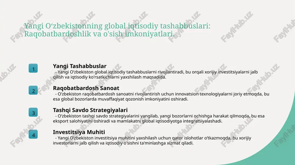 markaziy osiyoda muhim geosiyosiy rol o‘ynaydi, qo‘shni davlatlar bilan iqtisodiy va siyosiy aloqalarni rivojlantirishda faol. 2 xalqaro hamkorlik - oʻzbekiston xalqaro tashkilotlar, jumladan, bmt va shht bilan hamkorlikni kuchaytirib, global muammolarni hal qilishda o‘z hissasini qo‘shmoqda. 3 madaniy diplomatic - oʻzbekiston madaniy diplomatiya orqali xalqaro maydonda o‘zining tarixiy va madaniy merosini tanitib, global hamkorlikni mustahkamlashga intilmoqda. strategik aloqalar: oʻzbekiston va global hamkorlik imkoniyatlari. oʻzbekiston global hamkorlikda strategik aloqalar o‘rnatish orqali iqtisodiy, madaniy va siyosiy rivojlanish imkoniyatlarini kengaytirmoqda. bu jarayonda, mintaqaviy va xalqaro tashkilotlar bilan hamkorlik muhim ahamiyatga ega. - xalqaro savdo va investitsiyalarni oshirish; - madaniy diplomatiya orqali mamlakat imijini yaxshilash; - global muammolarni hal qilish uchun birgalikda harakat qilish. photo by siora photography on unsplash madaniyat va diplomatiya: oʻzbekistonning xalqaro maydondagi roli. madaniyat va diplomatiya oʻzbekiston madaniyati xalqaro maydonda diplomatik aloqalarni mustahkamlashda muhim rol oʻynaydi, an'anaviy qadriyatlar va zamonaviy yondashuvlar uygʻunligini ta'minlaydi. madaniy almashuvlar oʻzbekiston, turli madaniyatlar bilan almashish …