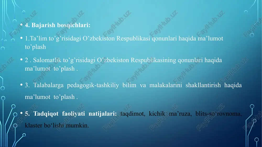 12.10.2021-y., 03/21/721/0952-son) tarbiya — aniq maqsadli hamda ijtimoiy-tarixiy tajriba asosida yosh avlodni har tomonlama kamol toptirishga, ularning ongini, ma’naviy-axloqiy qadriyatlar va dunyoqarashini shakllantirishga qaratilgan tizimli jarayon; ta’lim — ta’lim oluvchilarga chuqur nazariy bilim, malakalar va amaliy ko‘nikmalar berishga, shuningdek ularning umumta’lim va kasbiy bilim, malaka hamda ko‘nikmalarini shakllantirishga, qobiliyatini rivojlantirishga qaratilgan tizimli jarayon; ta’lim kampusi — yagona hududda birlashtirilgan o‘quv binolarini, ilmiy-tadqiqot institutlarini (markazlarini), ishlab chiqarish majmualari va texnoparklarni, ta’lim-tarbiya jarayoni ishtirokchilarining vaqtincha yashash joylarini, laboratoriyalarni, axborot-resurs markazlarini (kutubxonalarni), sport inshootlarini, umumiy ovqatlanish obyektlarini o‘z ichiga olgan binolar hamda inshootlar majmuidan iborat bo‘lgan, o‘quv jarayoni, ma’naviy-axloqiy tarbiyaning yuqori samaradorligini ta’minlaydigan ta’lim-tarbiya muhiti; ta’lim-tarbiya jarayoni ishtirokchilari — ta’lim oluvchilar, voyaga yetmagan ta’lim oluvchilarning ota-onalari yoki boshqa qonuniy vakillari, pedagog xodimlar va ularning vakillari; ta’lim tashkilotlari attestatsiyasi — ta’lim tashkilotlarining faoliyatini baholash, davlat ta’lim standartlari, davlat ta’lim talablari hamda o‘quv dasturlariga muvofiq kadrlar tayyorlash mazmuni, darajasi va sifatini aniqlash bo‘yicha davlat nazoratining …