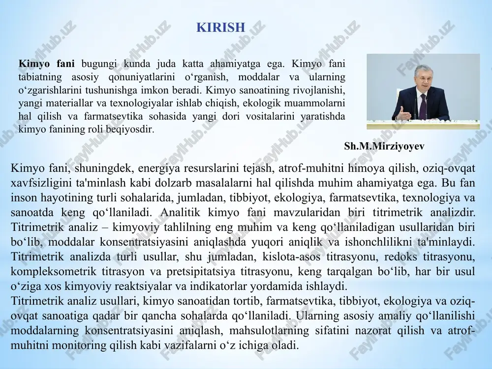 analizning dastlabki shakllari 17-asr oxiri va 18-asr boshlarida paydo bo'ldi. bu davrda kimyogarlar moddalarning reaksiyalarini aniqlash uchun asosan gravimetrik (og'irlik asosidagi) metodlardan foydalanganlar. ammo bu usul har doim ham aniq va samarali natijalar bermasdi[2]. titrimetrik analizning asosiy tamoyillari esa kislotalar va asoslar o'rtasidagi reaksiyalarga asoslangan edi. masalan, 18-asr oxirida, kislotalar va asoslarni aniqlashda "yarim-titratsiya" metodidan foydalanilgan. 19-asrda titrimetrik metodlar sezilarli darajada rivojlandi. kimyogarlar kislotalar va asoslarni aniqlashda yanada aniqroq va samarali usullarni ishlab chiqdilar. bu davrda shuningdek, redoks reaktsiyalarni o‘rganish va titratorlar (moddalarni o'lchov miqdorida qo'llash) ishlatish boshlanadi. 1.2. titrimetrik analizning nazariy asoslari titrimetrik analiz, bir moddaning konsentratsiyasini aniqlash uchun boshqa bir modda (titrant) bilan reaksiyaga kiritilgan tahlil qilish metodidir. ushbu analizning nazariy asoslari quyidagi asosiy tushunchalar va prinsiplarga asoslanadi: titrant – bu ma'lum konsentratsiyaga ega bo'lgan modda bo'lib, analizga qo'shiladi. titrantning miqdori aniq o‘lchanadi va bu miqdor orqali analizning konsentratsiyasi aniqlanadi. analiz – bu konsentratsiyasi aniqlanayotgan modda bo‘lib, titrant …