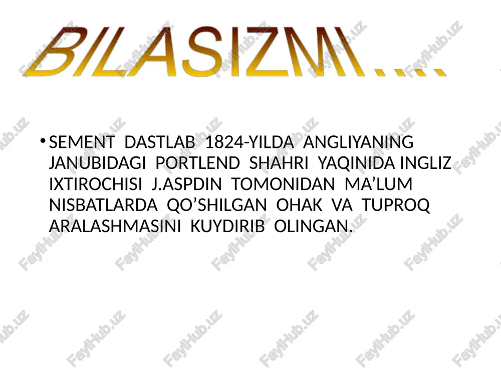 latiladigan portlandsement,neft va gaz quduqlarini burg’ulashda ishlatiladigan tamponaj sementi,shuningdek pussolan sementi,ohak va maydalangan ohak,shifer,qurilish ganji,mineral paxta va boshqalar ishlab chiqariladi. ishlatilishi respublikamizda sement sanoat korxonalari mahsulotlari chet ellarga eksport qilinadi. xorijiy mamlakatlarga aqsh,germaniya,italiya,yaponiya,fransiya sement ishlab chiqarish bo’yicha jahonda yetakchi o’rinlarni egallaydi. 1.bog’lovchi moddaddalarning kimyoviy texnologiyasi. t.a.otaqo’ziyev, e.t.otaqo’ziyev.toshkent.”cho’lpon”nashriyoti 2005-yil 2.o’zbekiston milliy ensiklopediyasi 9-qism. toshkent 2005-yil 3.a.a.ismatov, t.a.otaqo’ziyev, n.p.ismoilov. noorganik materiallr kimyoviy texnologiyasi. toshkent. “o’zbekiston” 2002-yil 4.e.qosimov,t.otaqo’ziyev.mineral bog’lovchilar va ulardan tayyorlanadigan buyumlar. toshkent 1984-yil. foydalanilgan adabiyotlar: e’tibor uchun rahmat! image1.wmf image2.wmf image3.jpeg image4.jpeg /docprops/thumbnail.jpeg