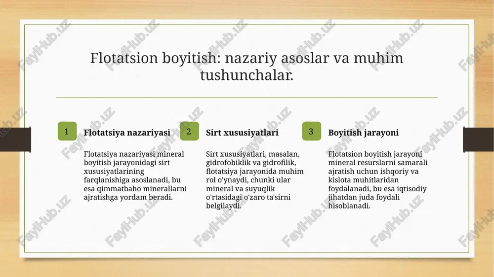 nnovatsion yondashuvlar yordamida o'zbekistonning mineral boyitish jarayonlari yanada samarali va ekologik jihatdan to'g'ri amalga oshirilishi mumkin. flotatsion boyitish jarayonida o'zbekistonning resurslaridan foydalanish. o'zbekistonda flotatsion boyitish jarayoni mineral resurslarni samarali ajratish uchun muhim ahamiyatga ega. bu usul, yer osti boyliklaridan foydalangan holda, iqtisodiy samaradorlikni oshiradi. o'zbekistondagi oltin, mis va boshqa qimmatbaho minerallarni qayta ishlashda flotatsion texnologiyalar qo'llaniladi. - flotatsion jarayonlar samaradorligini oshirish. - o'zbekiston resurslarining diversifikatsiyasi. - iqtisodiy o'sishga hissa qo'shish. photo by paul pastourmatzis on unsplash qattiq xomashyo resurslarini samarali qayta ishlash strategiyalari. 1 qayta ishlash texnologiyalari qattiq xomashyolarni qayta ishlashda zamonaviy texnologiyalar, masalan, yuqori samarali flotatsiya usullari va avtomatizatsiya tizimlari muhim rol o'ynaydi. 2 o'zbekistondagi innovatsiyalar o'zbekistonda flotatsion boyitish jarayonlarini takomillashtirish uchun yangi innovatsion yechimlar, masalan, bioflotatsiya va nanoteknologiyalar tadqiq qilinmoqda. 3 resurslarni boshqarish qattiq xomashyo resurslarini samarali boshqarish uchun monitoring tizimlari va ma'lumotlarni tahlil qilish orqali resurslar bilan ishlashda optimallashtirish amalga oshirilishi lozim. o'zbekistonda flotatsion boyitishning iqtisodiy va …