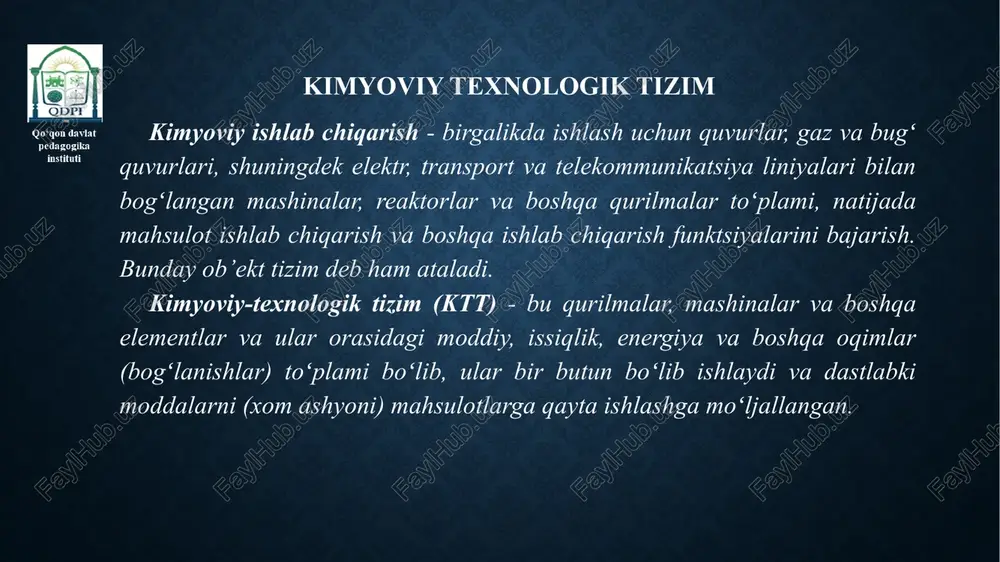 lar koʻrinishidagi ikkinchi darajali quyi tizimlar toʻplami iii darajali quyi tizimni tashkil qiladi (sulfat kislota ishlab chiqarishda bu oltingugurtli xom ashyoni yoqish, oltingugurt (vi) oksidi gazini tozalash va quritish, oksidlanish va yutilish boʻlimlari). tsexlar toʻplami umuman ishlab chiqarishning iv masshtab darajasi - kttni tashkil qiladi. ktt ning ierarxik tuzilishi kimyiviy texnologik tizim elementlarining toifalanishi mexanik va gidromexanik elementlar - materialning shakli va hajmini oʻzgartiradi va oʻzgartiradi, oqimlarni birlashtiradi va ajratadi. issiqlik almashinuvi elementlari - oqimning harorati va issiqlik tarkibini oʻzgartiradi, moddalarni boshqa faza holatiga oʻtkazadi. massa almashinuvi elementlari - tarkibiy qismlarning fazalararo uzatilishini amalga oshiradi, yangi moddalar paydo boʻlmasdan oqimlarning tarkibiy tarkibini oʻzgartiradi. reaksiya elementlari - kimyoviy oʻzgarishlarni amalga oshiradi, oqimlar va materiallarning tarkibiy tarkibini tubdan oʻzgartiradi. kimyiviy texnologik tizim elementlarining toifalanishi energiya elementlari - energiyani oʻzgartiradi va energiya tashuvchilarni tanlaydi. bularga turbinalar, generatorlar, mexanik energiya ishlab chiqarish uchun haydovchilar, bugʻdan energiya ishlab chiqarish uchun utilizator-qozonlari kiradi. boshqarish va nazorat …