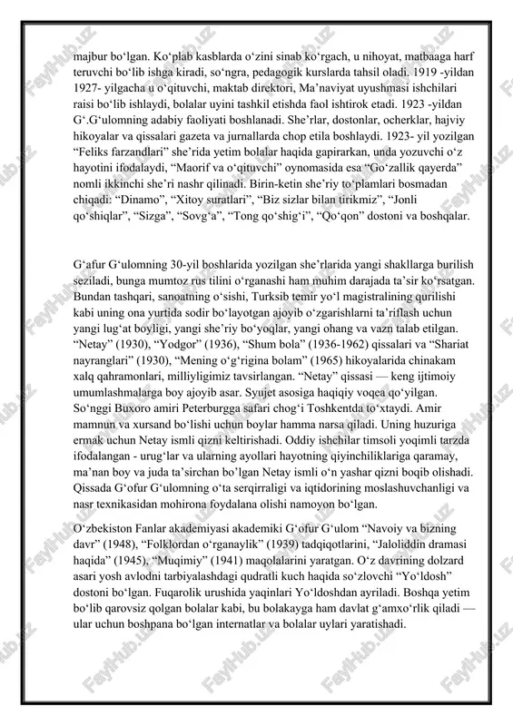 n boy va juda ta’sirchan bo’lgan netay ismli o‘n yashar qizni boqib olishadi. qissada g‘ofur g‘ulomning o‘ta serqirraligi va iqtidorining moslashuvchanligi va nasr texnikasidan mohirona foydalana olishi namoyon bo‘lgan. o‘zbekiston fanlar akademiyasi akademiki g‘ofur g‘ulom “navoiy va bizning davr” (1948), “folklordan o‘rganaylik” (1939) tadqiqotlarini, “jaloliddin dramasi haqida” (1945), “muqimiy” (1941) maqolalarini yaratgan. o‘z davrining dolzard asari yosh avlodni tarbiyalashdagi qudratli kuch haqida so‘zlovchi “yo‘ldosh” dostoni bo‘lgan. fuqarolik urushida yaqinlari yo‘ldoshdan ayriladi. boshqa yetim bo‘lib qarovsiz qolgan bolalar kabi, bu bolakayga ham davlat g‘amxo‘rlik qiladi — ular uchun boshpana bo‘lgan internatlar va bolalar uylari yaratishadi. bolalar uyi tarbiyalanuvchilari o‘z vatani mustaqilligi himoyasi uchun doim tayyor turishadi. dostonda katta mahorat va iliqlik ila yo‘ldoshning otasi bilan uchrashuvi aks etilgan, o‘z qarziga vafoli insonlar siymosi chuqur va keng ochib berilgan. vatan himoyachisi mavzusi g‘afur g‘ulomning 1941 - 1945 yillardagi keyingi ijodida yanada rivojlandi va chuqurlashdi. u odamlarni “bor sabri, bor iqtidori”ni fashistlar ustidan …