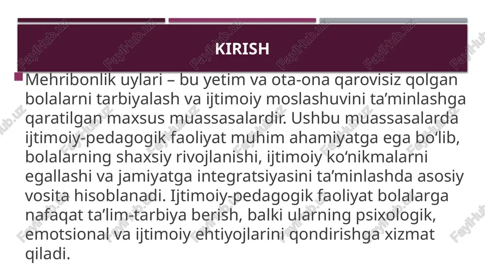 sligi; bolalarda ruhiy travmalar; jamiyatda yetim bolalarga nisbatan stereotiplar mavjudligi. yechimlar: davlat va nodavlat tashkilotlar hamkorligini kuchaytirish; psixologik xizmatni kengaytirish; ijtimoiy dasturlar orqali bolalarni oilaviy muhitga joylashtirish; mehribonlik uylari faoliyatini modernizatsiya qilish. xulosa mehribonlik uylaridagi ijtimoiy-pedagogik faoliyat bolalarni jamiyatga muvaffaqiyatli integratsiyalashuvini ta’minlashda muhim rol o‘ynaydi. ushbu faoliyat orqali bolalar nafaqat ta’lim oladi, balki hayotiy ko‘nikmalar, o‘ziga ishonch va ijtimoiy moslashuv qobiliyatlarini egallaydi. takliflar 1. kadrlar malakasini oshirish: ijtimoiy pedagoglar va psixologlar uchun muntazam treninglar tashkil etish. 2. moliyaviy qo‘llab-quvvatlash: mehribonlik uylarining moddiy-texnik bazasini yaxshilash uchun davlat grantlari va xususiy homiylar jalb qilish. 3. ijtimoiy stigmani yo‘qotish: jamiyatda mehribonlik uylari tarbiyalanuvchilariga nisbatan ijobiy munosabatni shakllantirish uchun ommaviy axborot kampaniyalarini tashkil etish. 4. tizimli dasturlarni joriy etish: uzluksiz va yaxlit ijtimoiy-pedagogik dasturlarni ishlab chiqish va joriy etish. foydalanilgan adabiyotlar roʻyxati 1. xolmatov, a. (2020).ijtimoiy pedagogikaning nazariy va amaliy asoslari*. toshkent: fan va texnologiya. 2. usmonova, m. (2019). mehribonlik uylarida tarbiyaviy ishlar tizimi. …