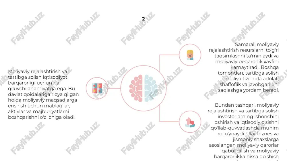 dek, moliyaviy industriyada axloqiy xulq-atvor va javobgarlikni rag'batlantiradi. moliyaviy rejalashtirish va tartibga solish talablarining murakkabligini tushunish jismoniy shaxslar va korxonalar uchun juda muhimdir. bu qonunlarni o'zgartirish to'g'risida xabardor bo'lishni, professional maslahat so'rashni va huquqiy va axloqiy me'yorlarga mos keladigan yaxshi xabardor moliyaviy qarorlarni qabul qilishni talab qiladi. 6 moliyaviy rejalashtirish va tartibga solish barqaror va xavfsiz iqtisodiyot uchun zarurdir. u maqsadlarni belgilash, xavflarni boshqarish va moliyaviy barqarorlikni ta'minlash uchun qonun va qoidalarga rioya qilishni o'z ichiga oladi. samarali moliyaviy rejalashtirish va tartibga solish jismoniy shaxslar va korxonalarga resurslarni samarali taqsimlashga, xavflarni minimallashtirishga va uzoq muddatli moliyaviy o'sishga erishishga yordam beradi. shuningdek, u barcha manfaatdor tomonlar uchun adolatli va shaffof moliyaviy bozorlarni ta'minlaydi. moliyaviy tizimlarning yaxlitligini ta'minlashda me'yoriy hujjatlarga rioya qilish hal qiluvchi rol o'ynaydi. bu iste'molchilarni, investorlarni va butun iqtisodiyotni moliyaviy sektordagi firibgarlik va axloqsiz amaliyotlardan himoya qilishga yordam beradi. 7 1 2 3 moliyaviy rejalashtirish va tartibga solish har …