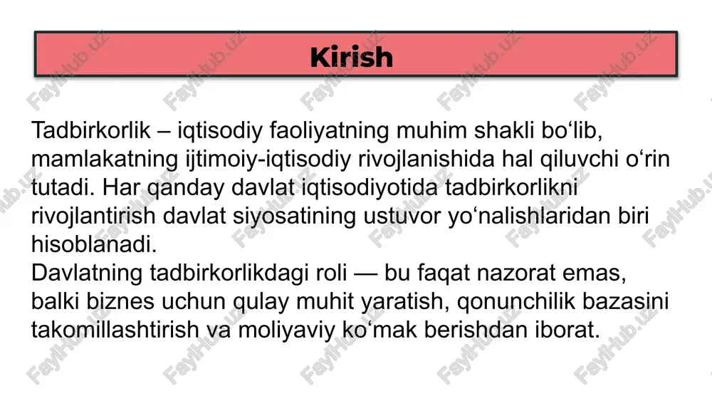 mi oshadi; davlat xarajatlari kamayadi; xizmat sifati yaxshilanadi. misol: “yashil energetika” loyihalarida xususiy sektor ishtiroki natijasida 2023-yilda 2 milliard aqsh dollarlik sarmoya jalb etilgan. o‘zbekiston tajribasi o‘zbekiston hukumati tadbirkorlikni rivojlantirish bo‘yicha bir qator islohotlarni amalga oshirmoqda: tadbirkorlik sub’yektlarini ro‘yxatdan o‘tkazish soddalashtirildi (1 kun ichida onlayn tarzda). soliq yukini kamaytirish va hisobot tizimini elektron shaklga o‘tkazish. “tadbirkorlar murojaatlari portali” orqali davlat idoralari bilan to‘g‘ridan-to‘g‘ri aloqa o‘rnatish imkoniyati yaratildi. eksportchi korxonalarga davlat kafolatlari va subsidiyalar berilmoqda. aqsh tajribasi: federal va shtat siyosatlari tadbirkorlikni rag‘batlantiradi. masalan, sba orqali kreditlar va grantlar taqdim etiladi, bu kichik bizneslarni rivojlantirishga yordam beradi. gubernatorlar innovatsiyalarni qo‘llab-quvvatlash uchun maxsus dasturlarni ishga tushiradi. yevropa ittifoqi: davlatlar tadbirkorlikni rivojlantirish uchun yagona siyosatni amalga oshiradi, jumladan, subsidiyalar va ta’lim dasturlari. o‘zbekiston kontekstida: o‘zbekistonda davlat tadbirkorlikni qo‘llab-quvvatlash uchun soliq imtiyozlari, kichik biznes uchun kreditlar va inkubatorlarni joriy etmoqda. bu iqtisodiy o‘sishga hissa qo‘shmoqda, ammo byurokratiyani kamaytirish kerak. ijobiy va salbiy tomonlar salbiy …